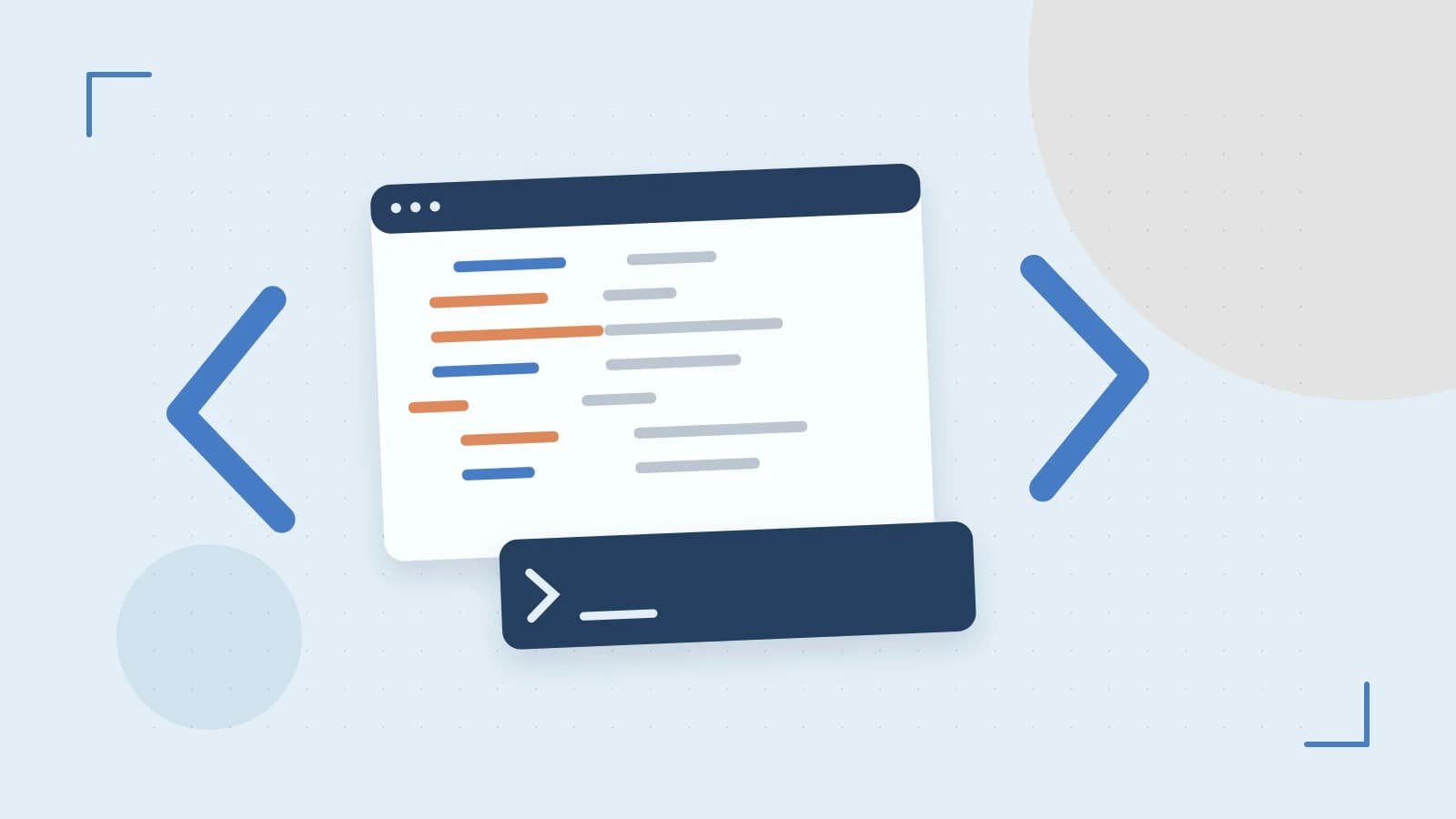 Editorial illustration of an abstract code editor, syntax blocks and oversized programming brackets