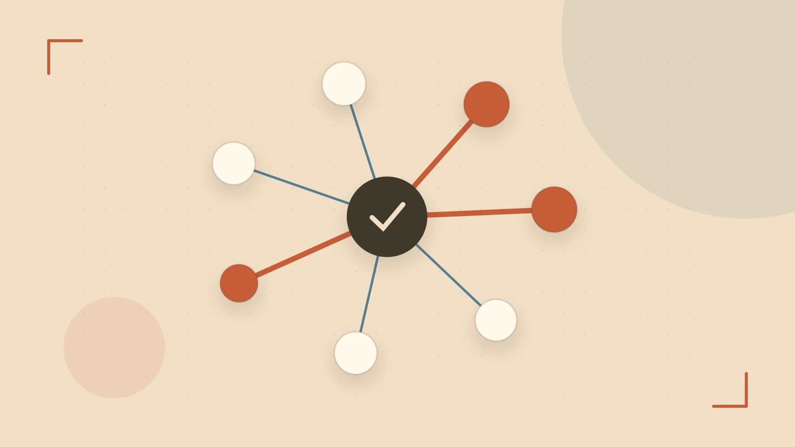 Editorial illustration of an algorithmic node graph with branching paths and a highlighted result