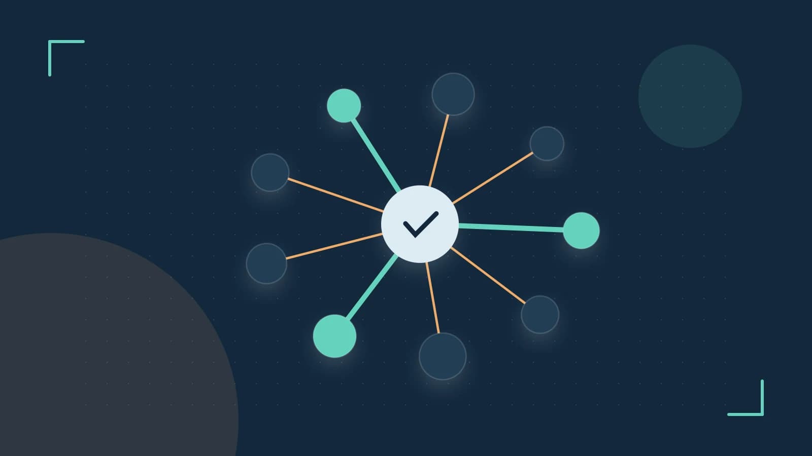 Editorial illustration of an algorithmic node graph with branching paths and a highlighted result