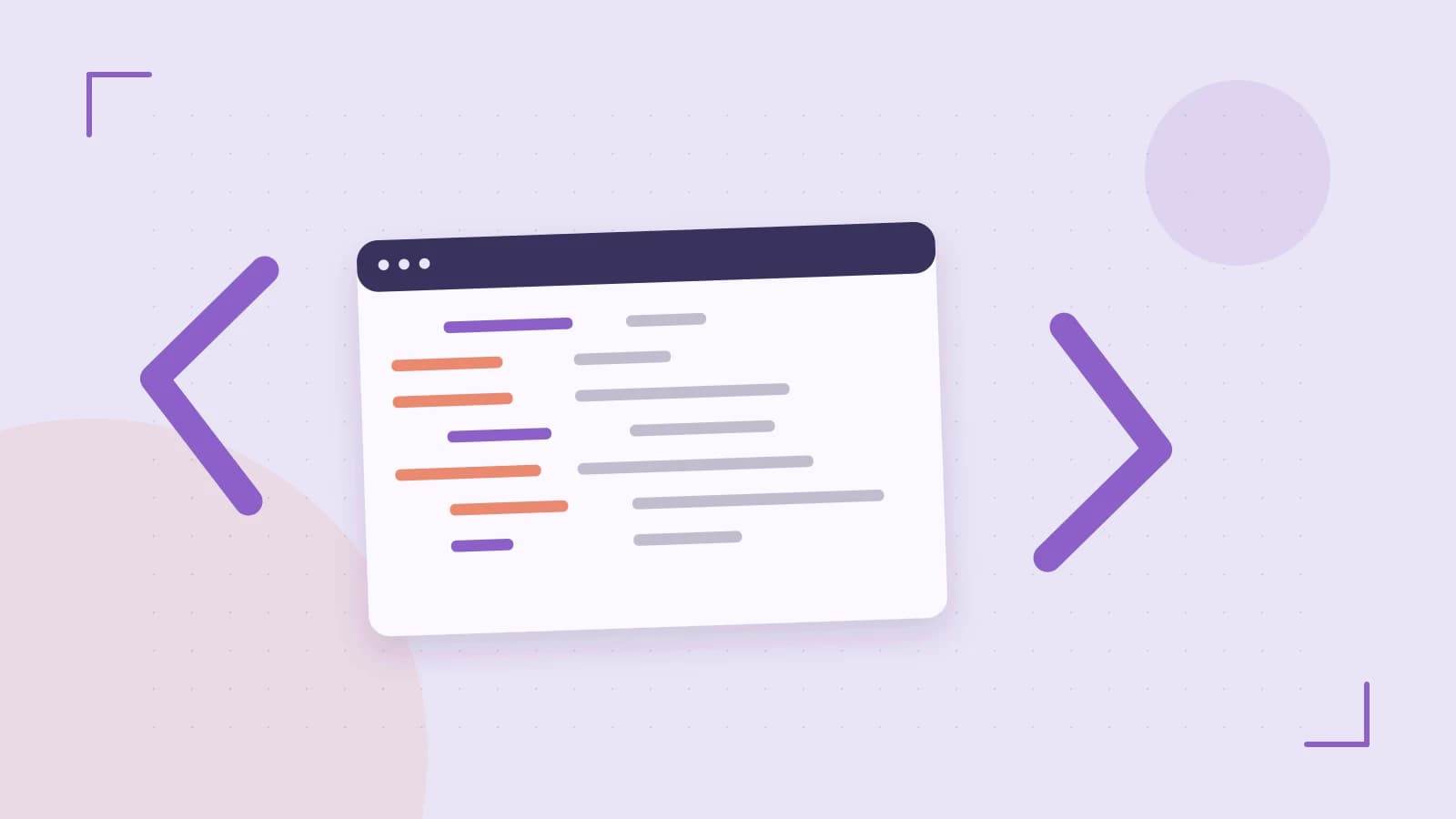 Editorial illustration of an abstract code editor, syntax blocks and oversized programming brackets