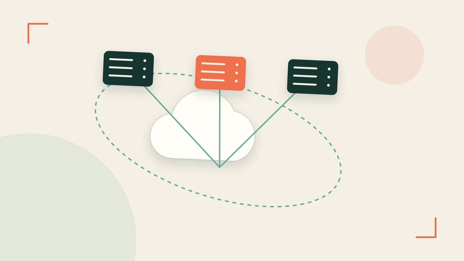 Editorial illustration of cloud infrastructure, connected server racks and an orbital service map