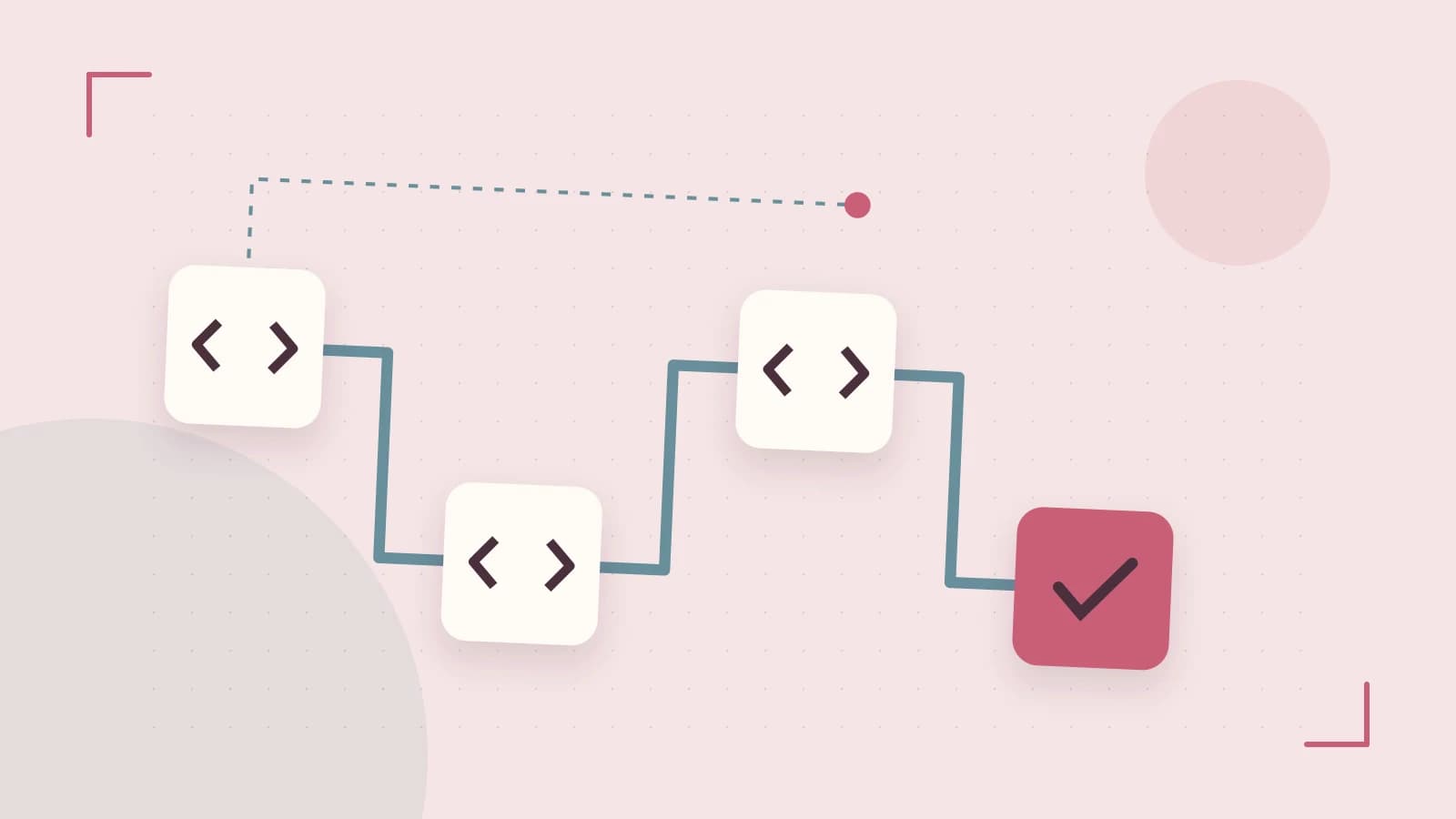 Editorial illustration of a branching build pipeline, staged transformations and a completed check