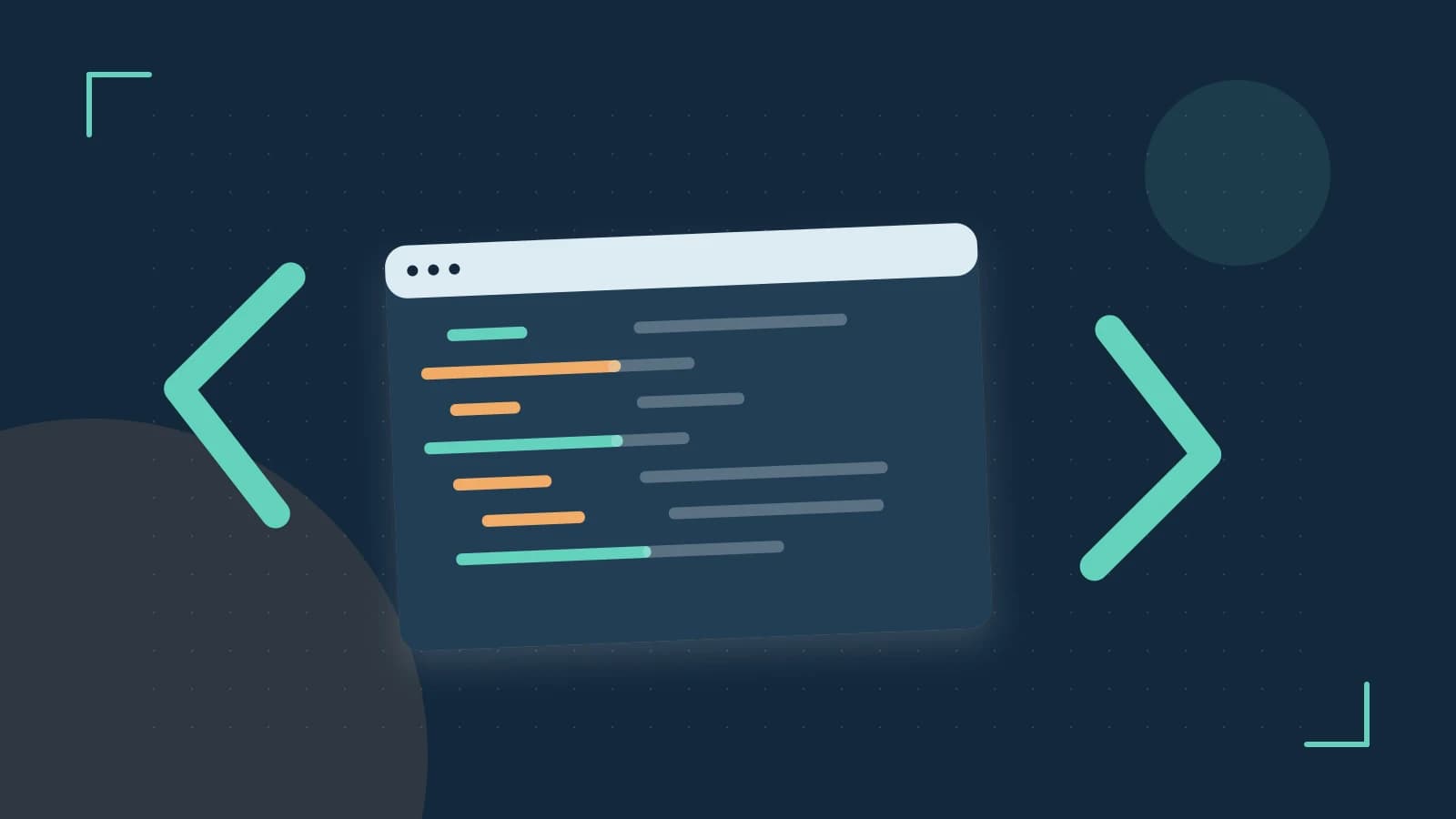 Editorial illustration of an abstract code editor, syntax blocks and oversized programming brackets