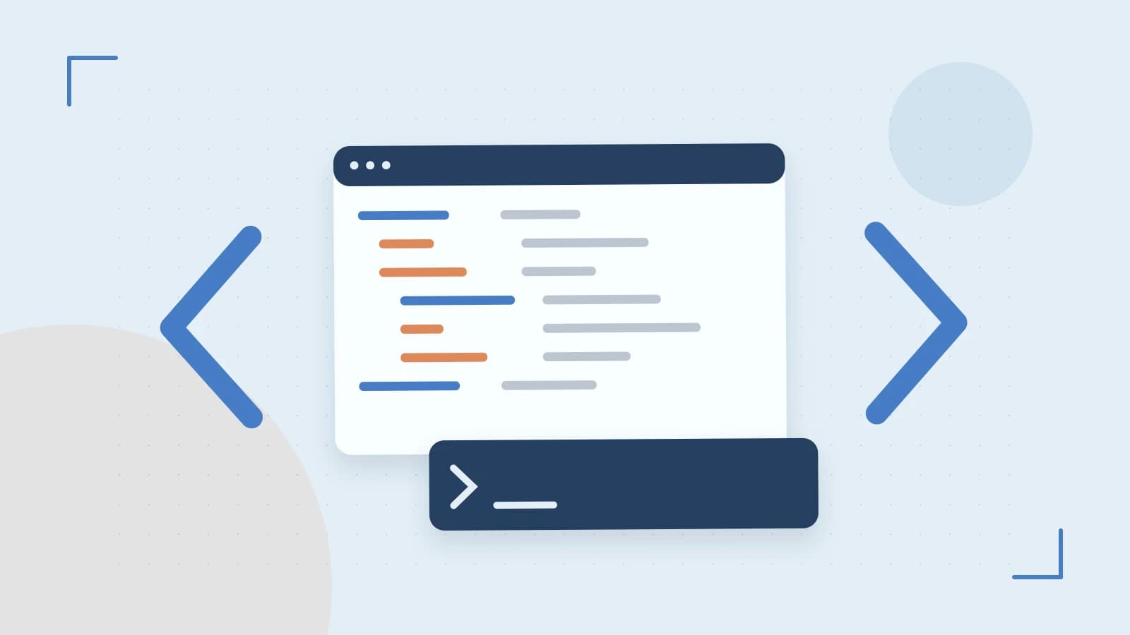 Editorial illustration of an abstract code editor, syntax blocks and oversized programming brackets
