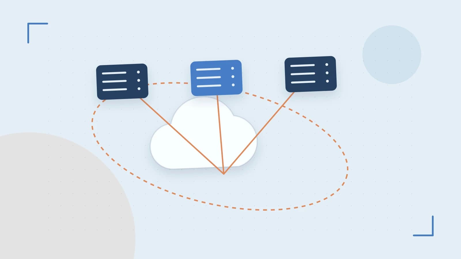 Editorial illustration of cloud infrastructure, connected server racks and an orbital service map
