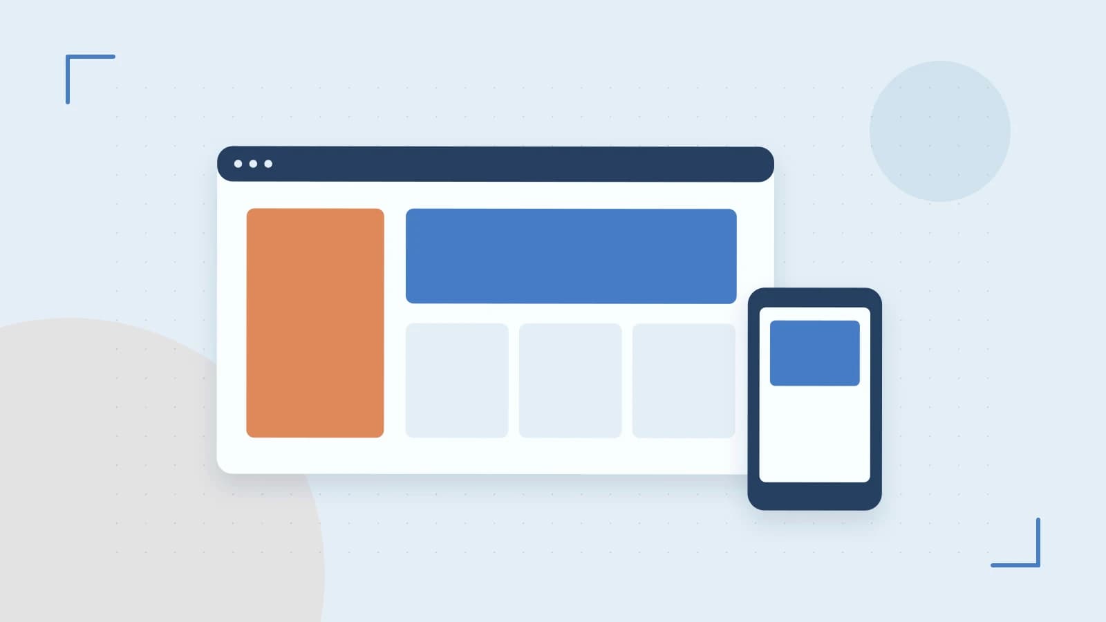 Editorial illustration of responsive browser layouts, overlapping design components and a color system