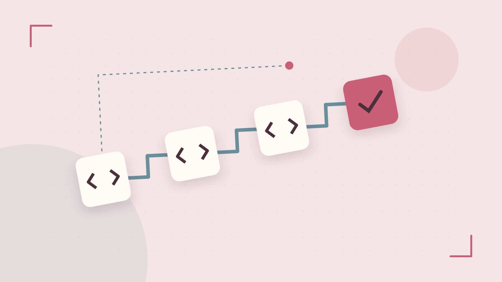 Editorial illustration of a branching build pipeline, staged transformations and a completed check