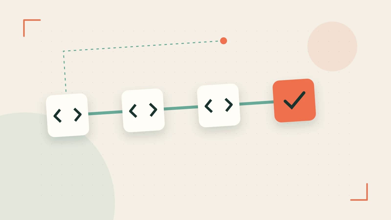 Editorial illustration of a branching build pipeline, staged transformations and a completed check