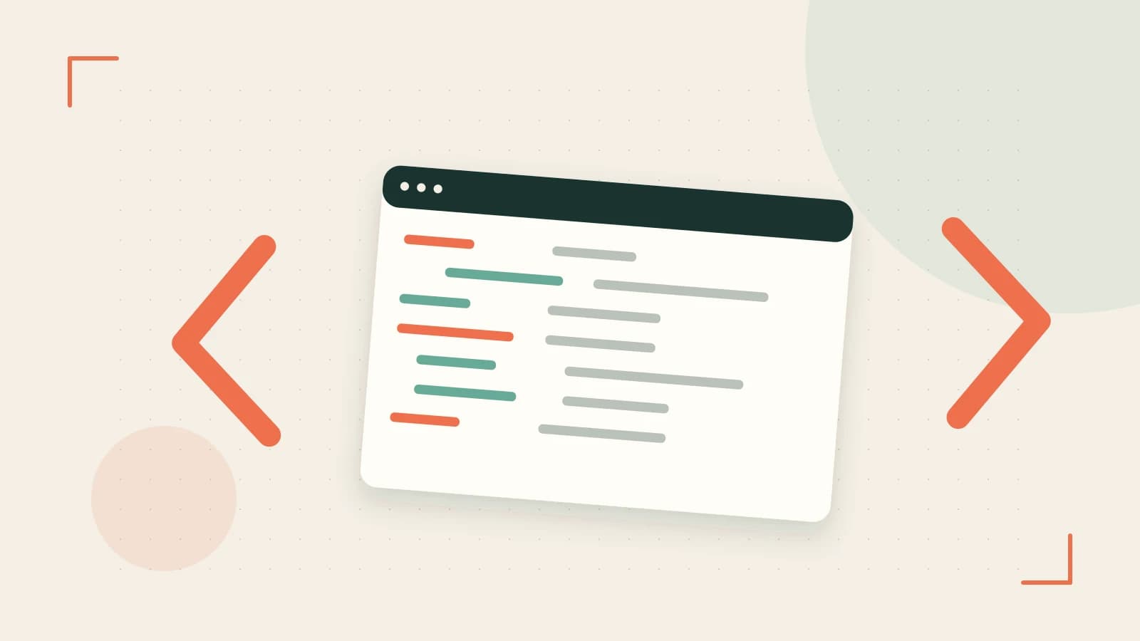 Editorial illustration of an abstract code editor, syntax blocks and oversized programming brackets