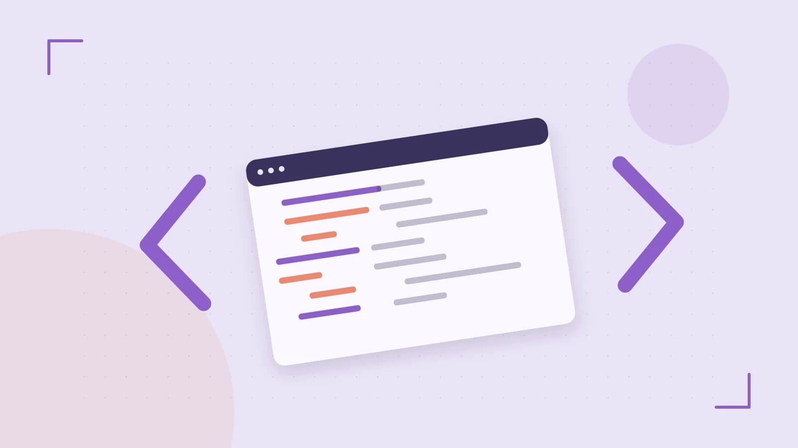 Editorial illustration of an abstract code editor, syntax blocks and oversized programming brackets
