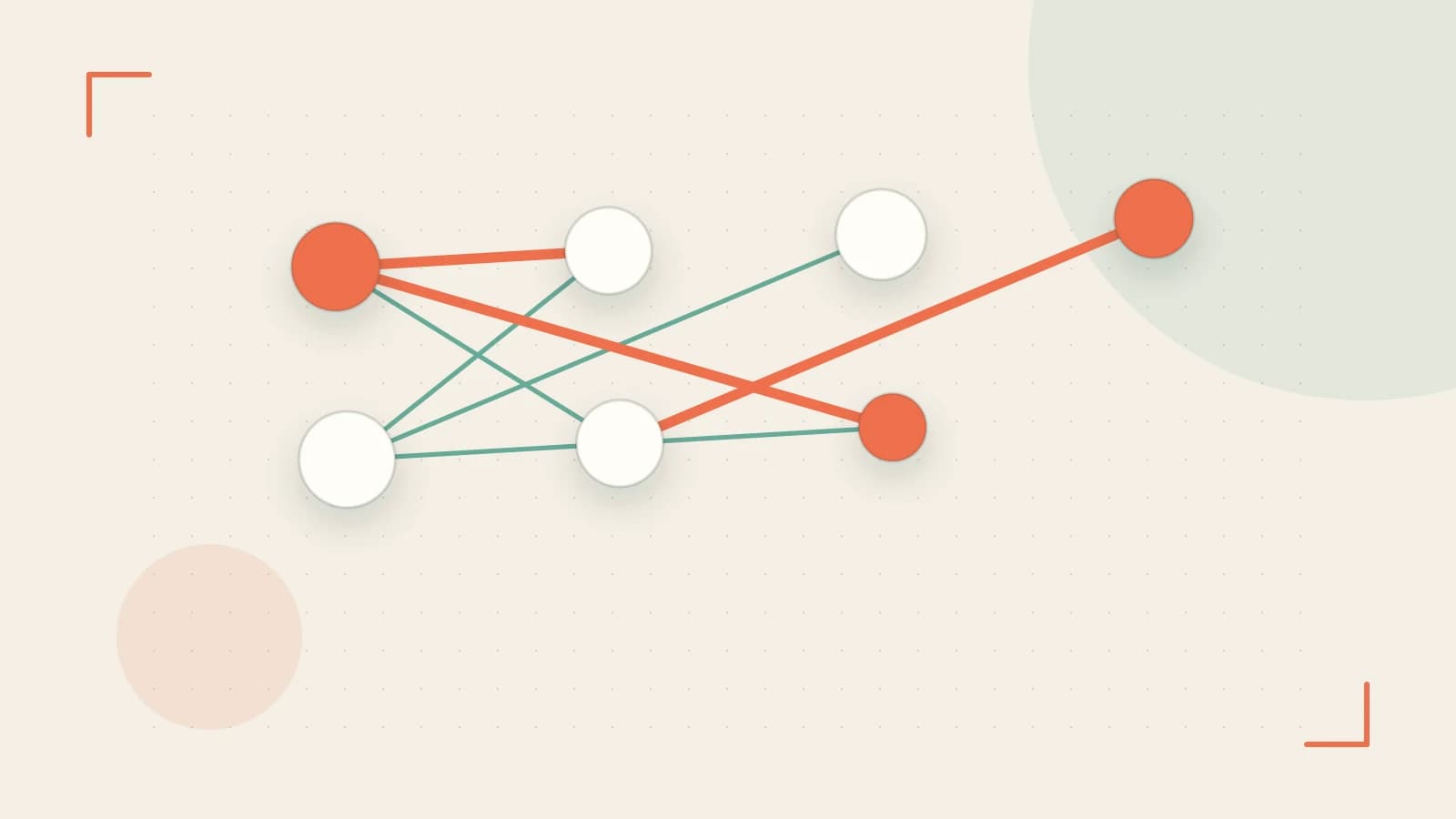 Editorial illustration of an algorithmic node graph with branching paths and a highlighted result