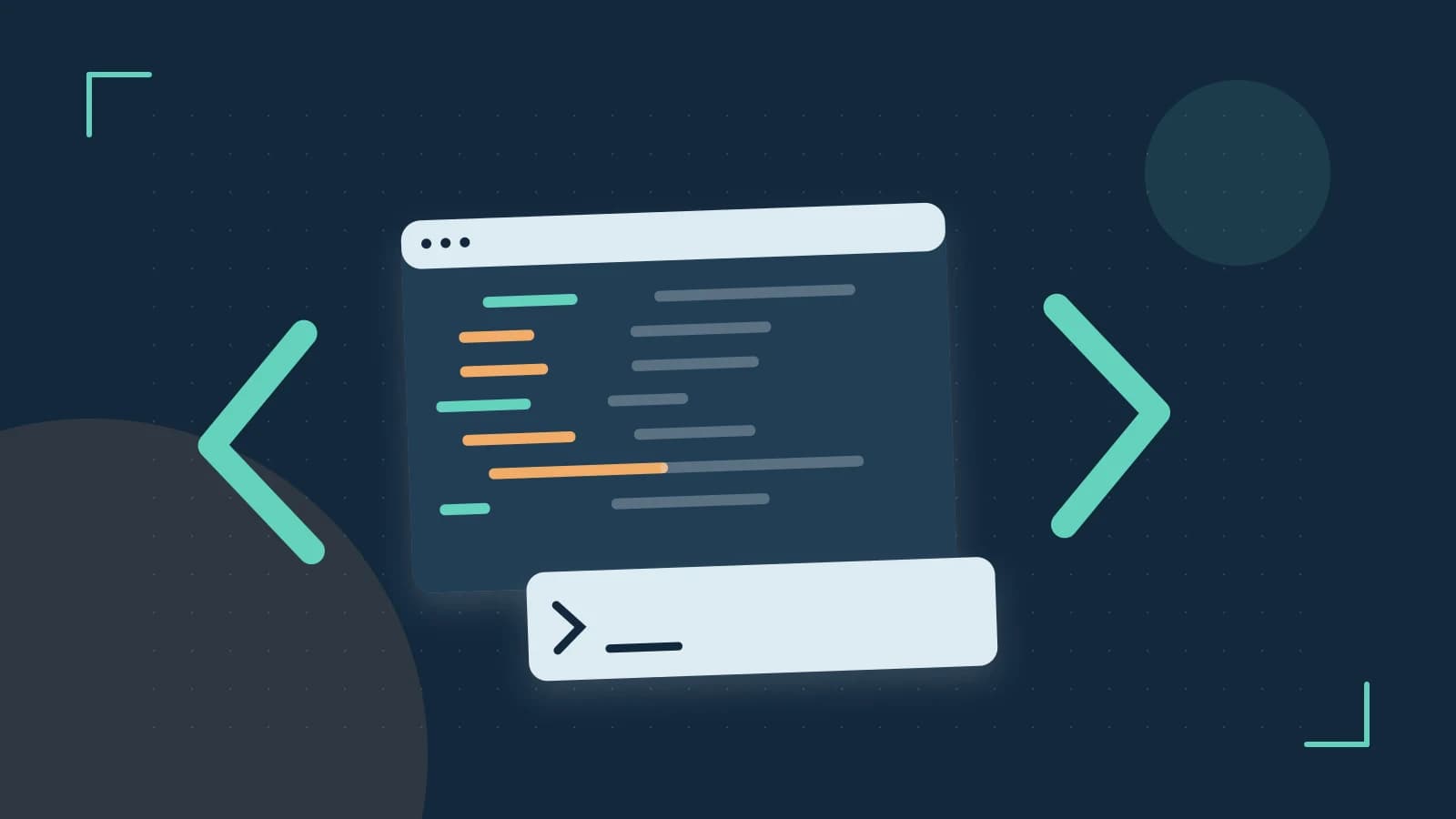 Editorial illustration of an abstract code editor, syntax blocks and oversized programming brackets