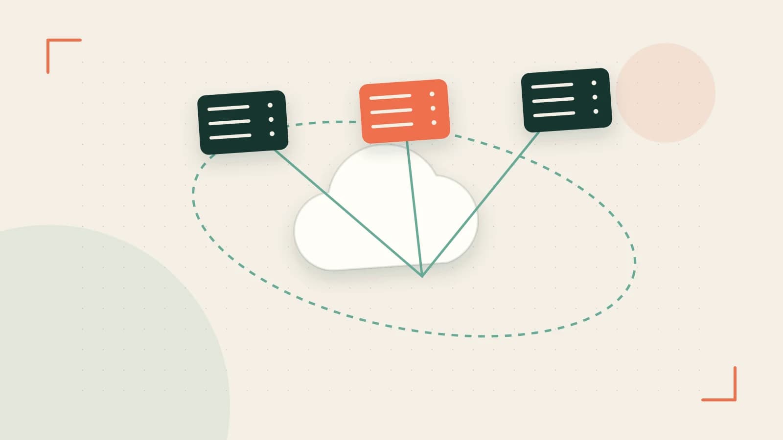 Editorial illustration of cloud infrastructure, connected server racks and an orbital service map