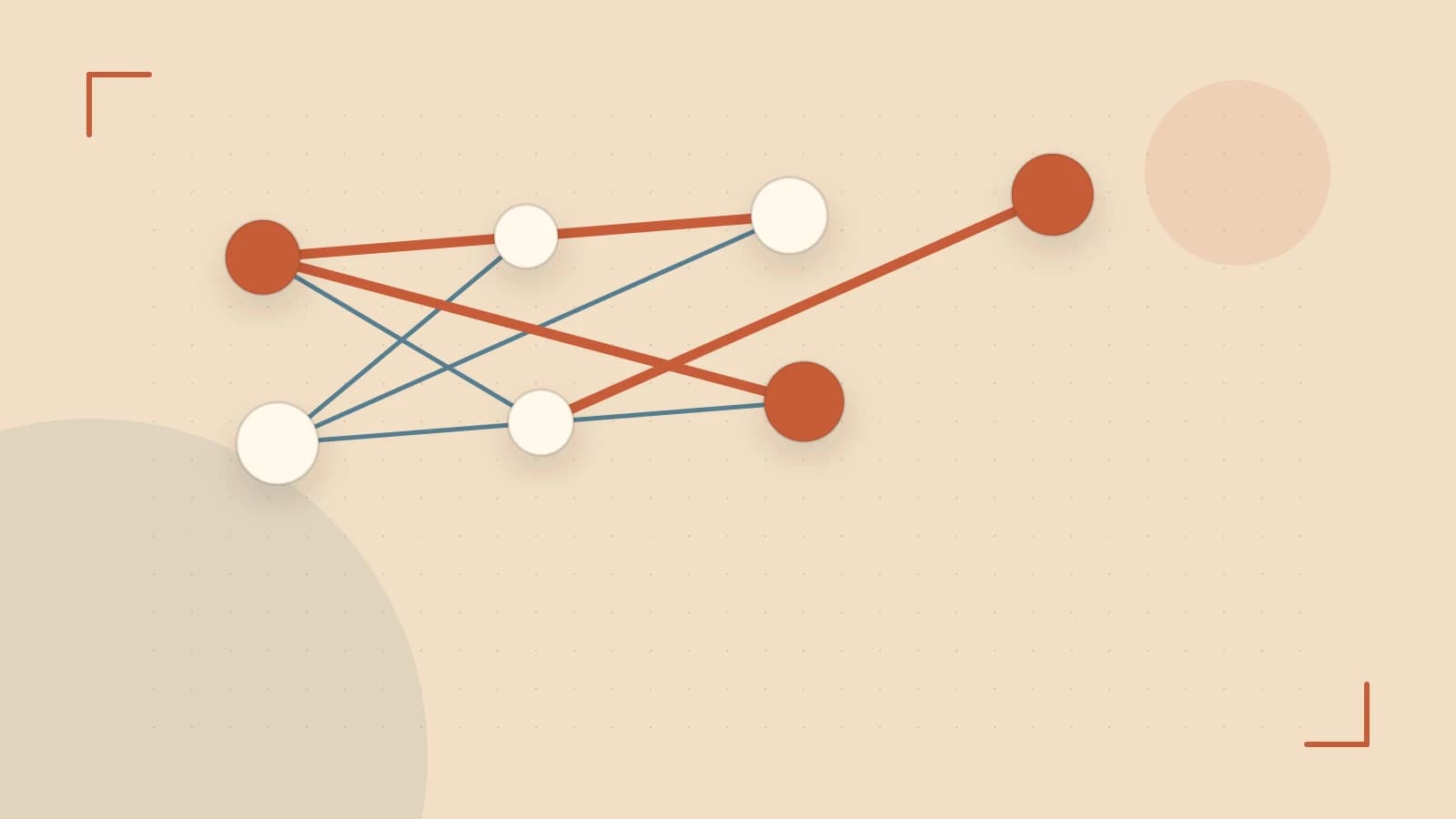 Editorial illustration of an algorithmic node graph with branching paths and a highlighted result
