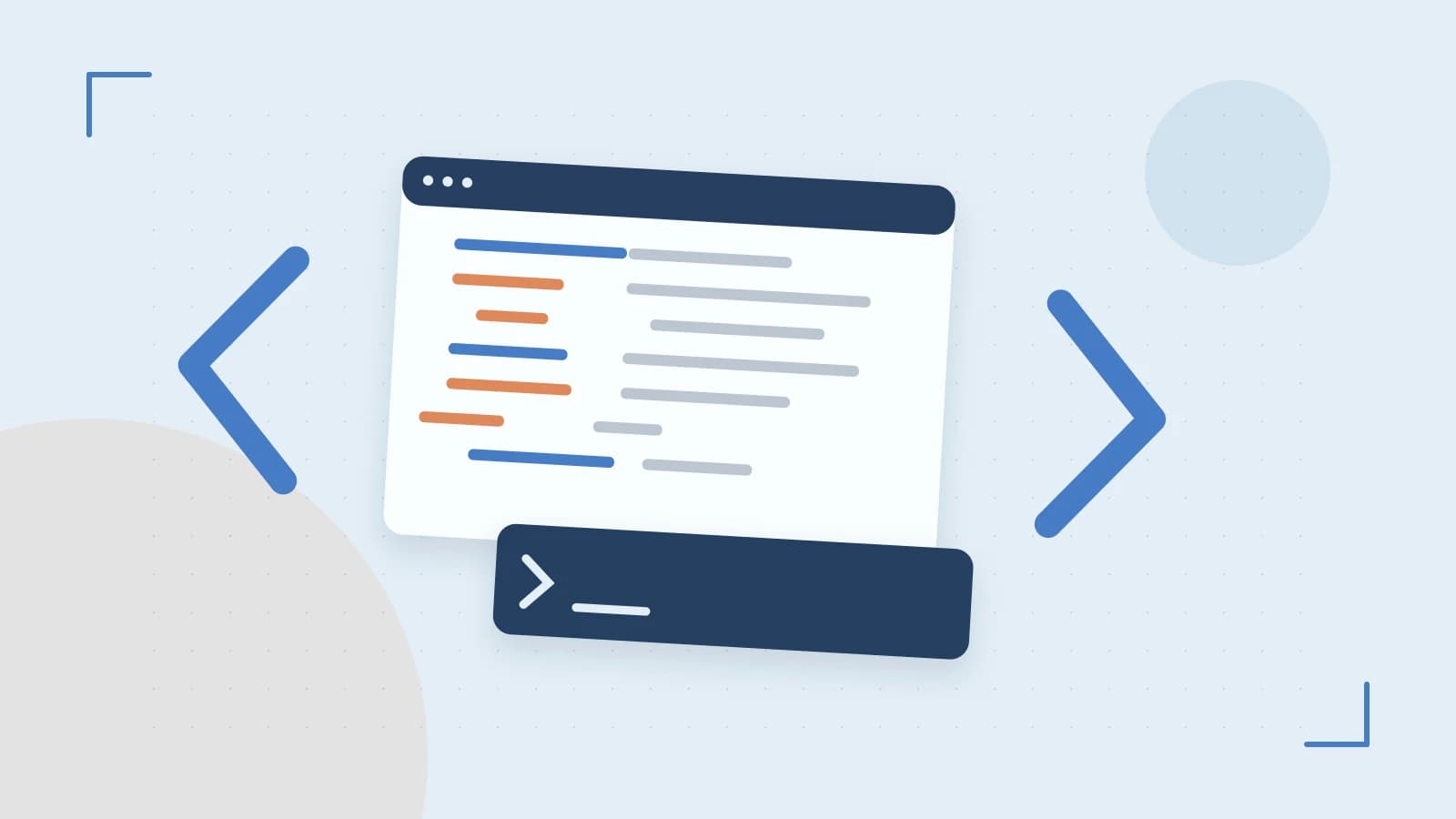 Editorial illustration of an abstract code editor, syntax blocks and oversized programming brackets