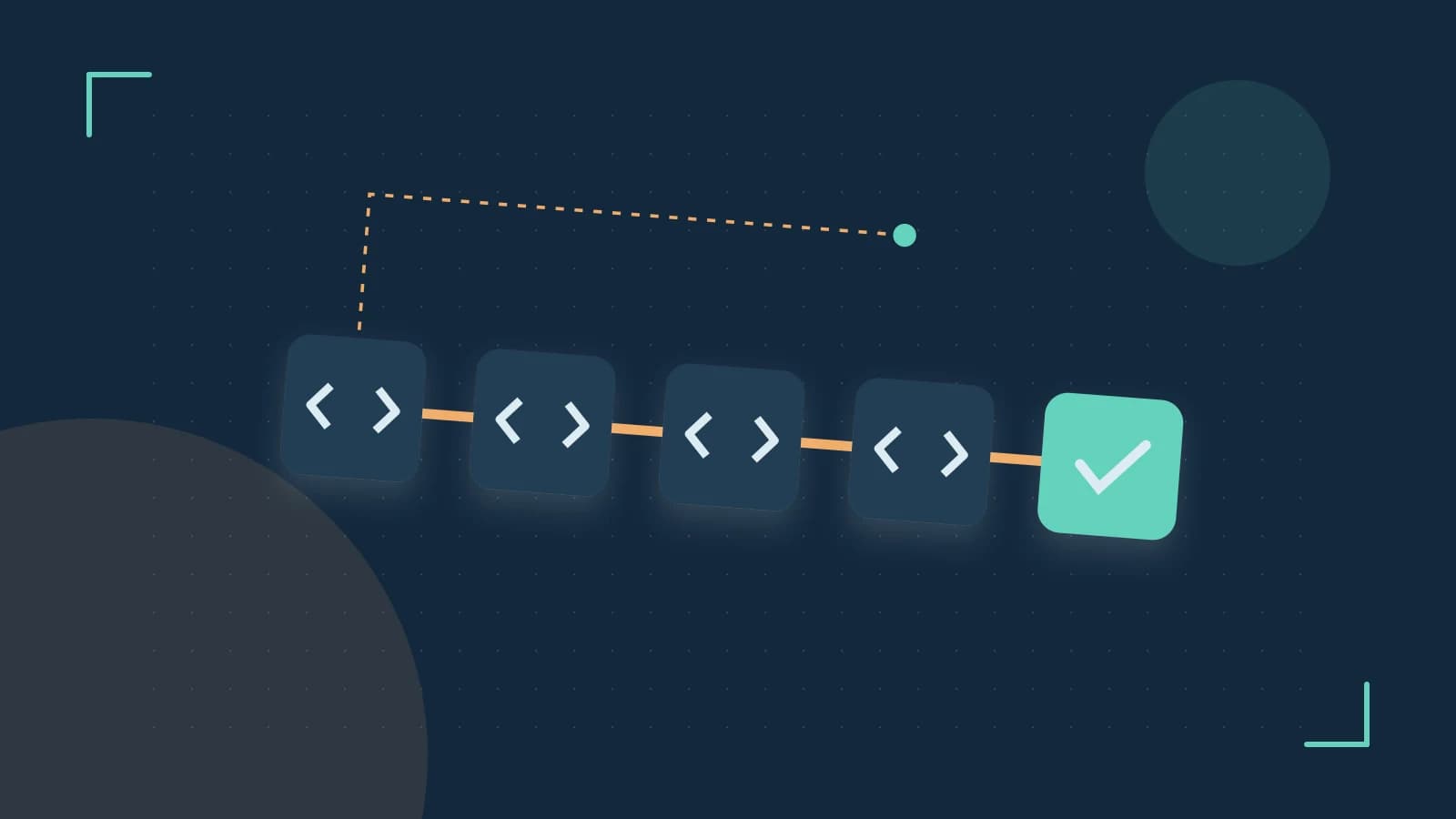 Editorial illustration of a branching build pipeline, staged transformations and a completed check