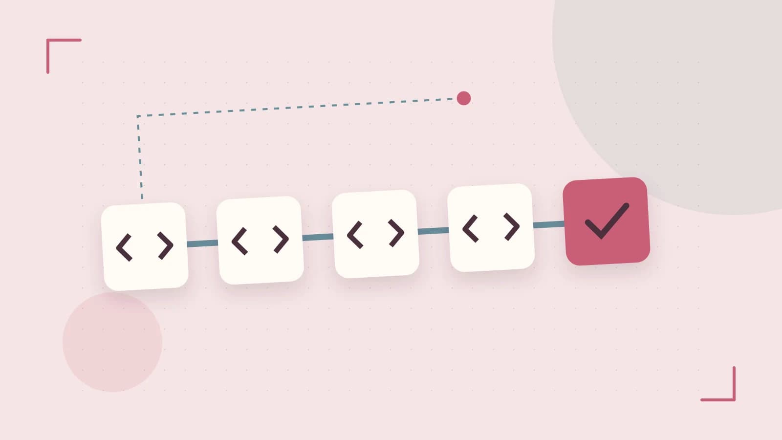 Editorial illustration of a branching build pipeline, staged transformations and a completed check