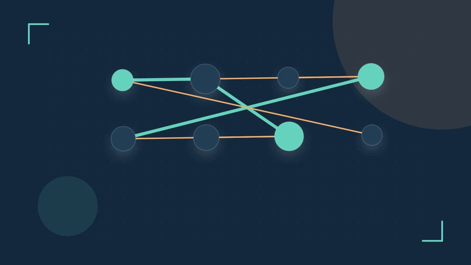 Editorial illustration of an algorithmic node graph with branching paths and a highlighted result