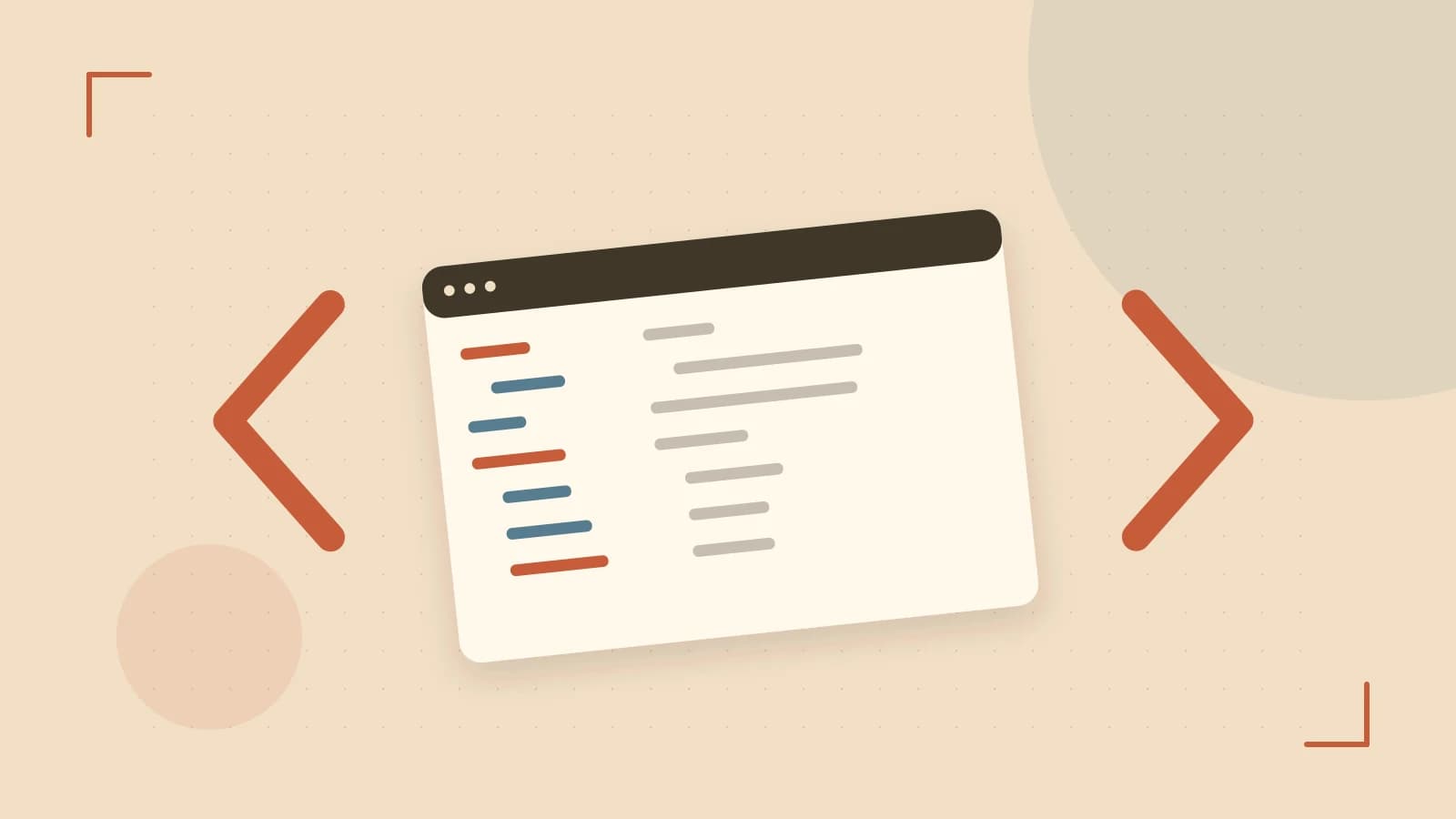Editorial illustration of an abstract code editor, syntax blocks and oversized programming brackets