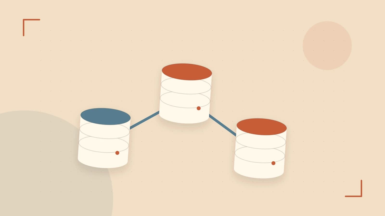 Editorial illustration of structured records, database cylinders and relationships between tables