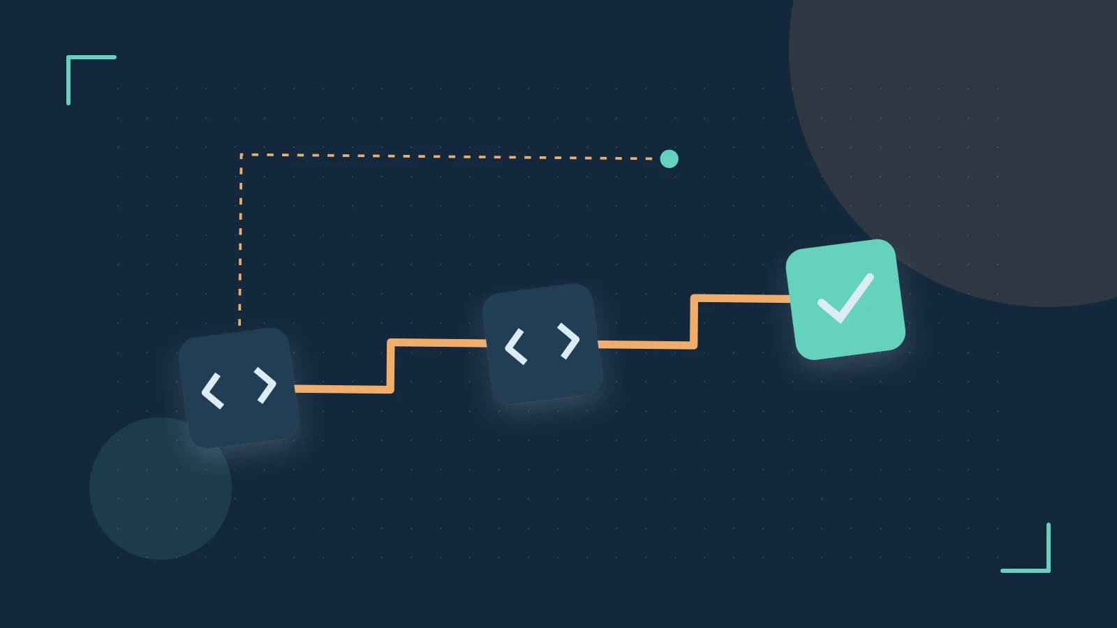 Editorial illustration of a branching build pipeline, staged transformations and a completed check