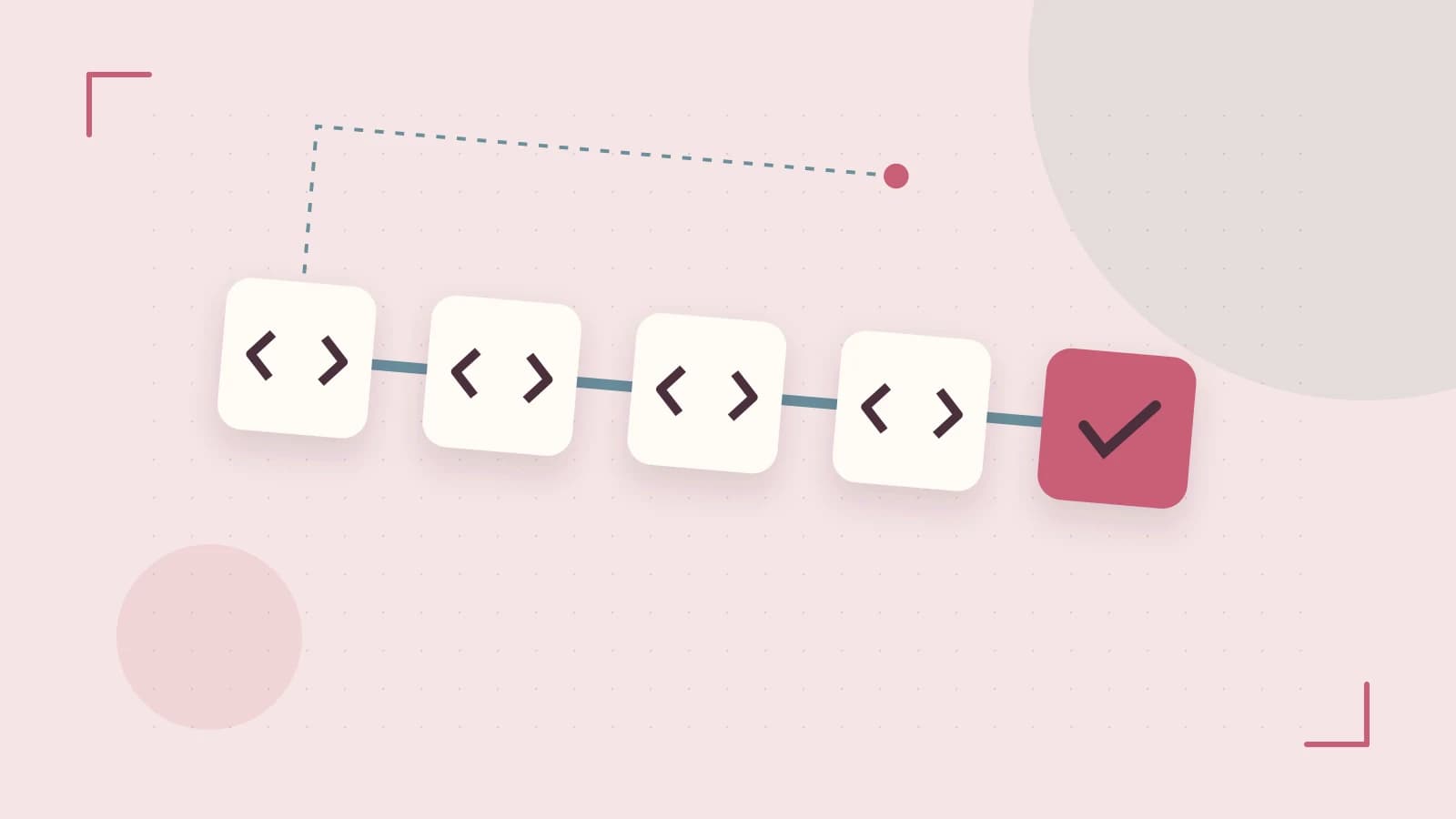 Editorial illustration of a branching build pipeline, staged transformations and a completed check