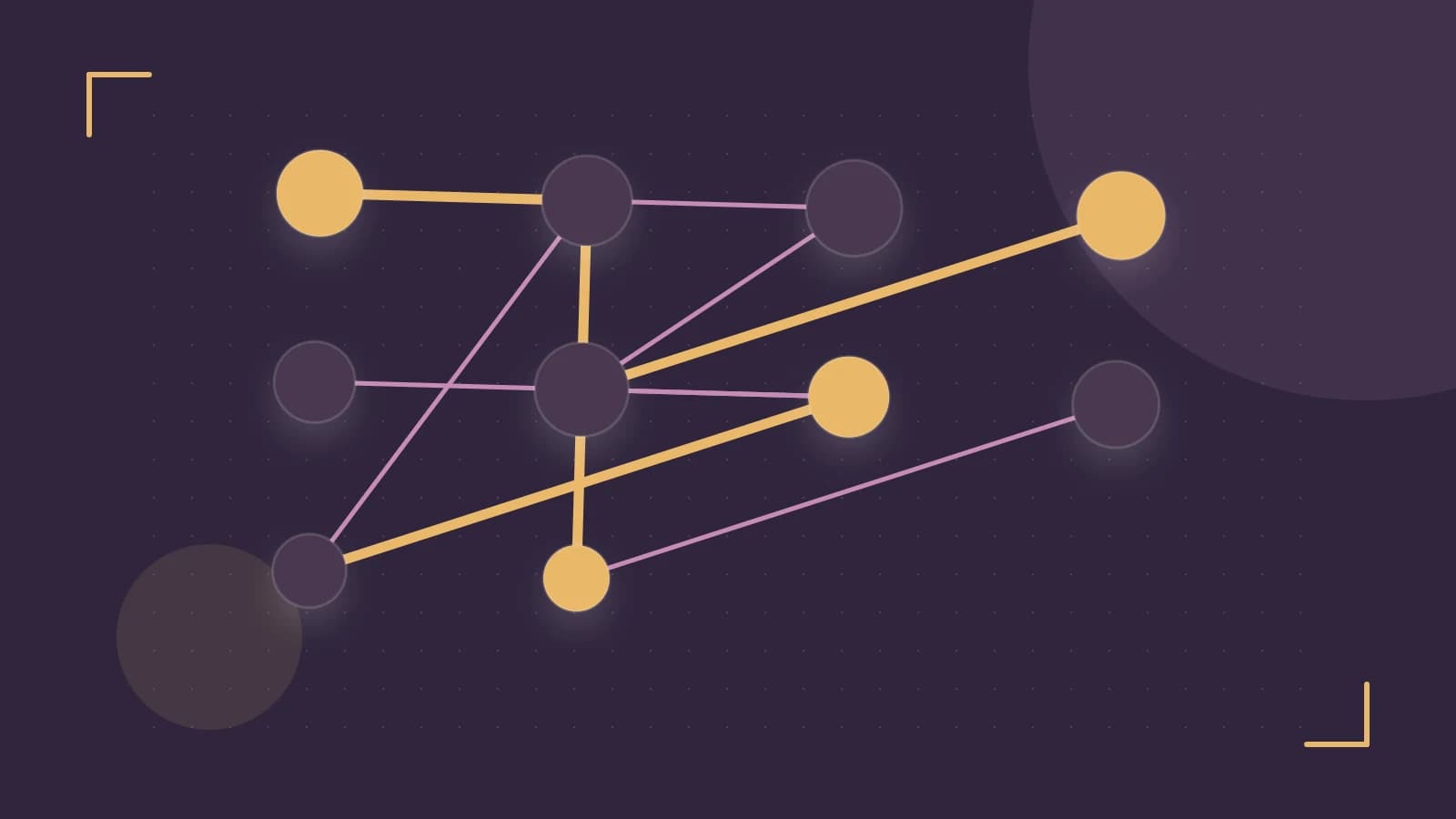 Editorial illustration of an algorithmic node graph with branching paths and a highlighted result