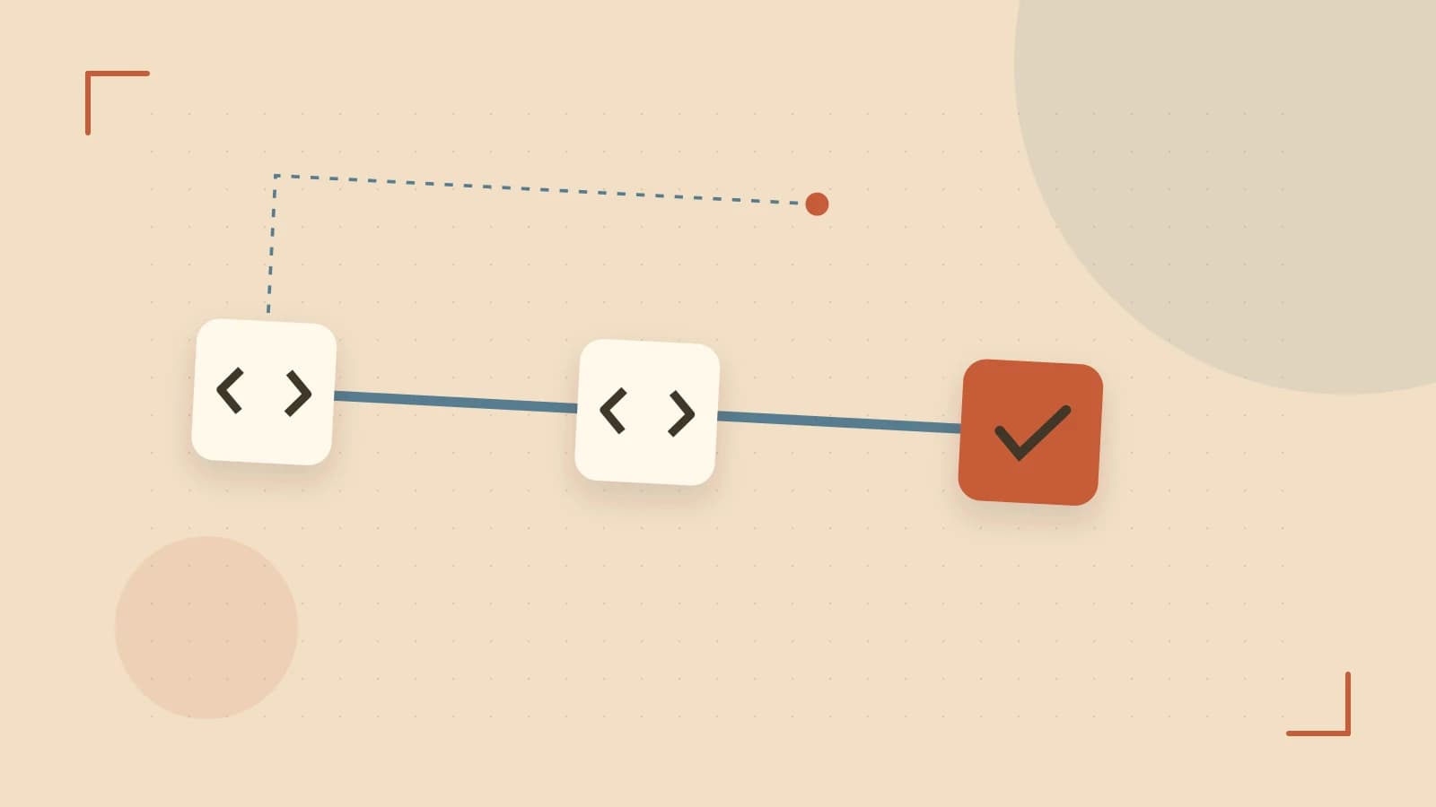 Editorial illustration of a branching build pipeline, staged transformations and a completed check
