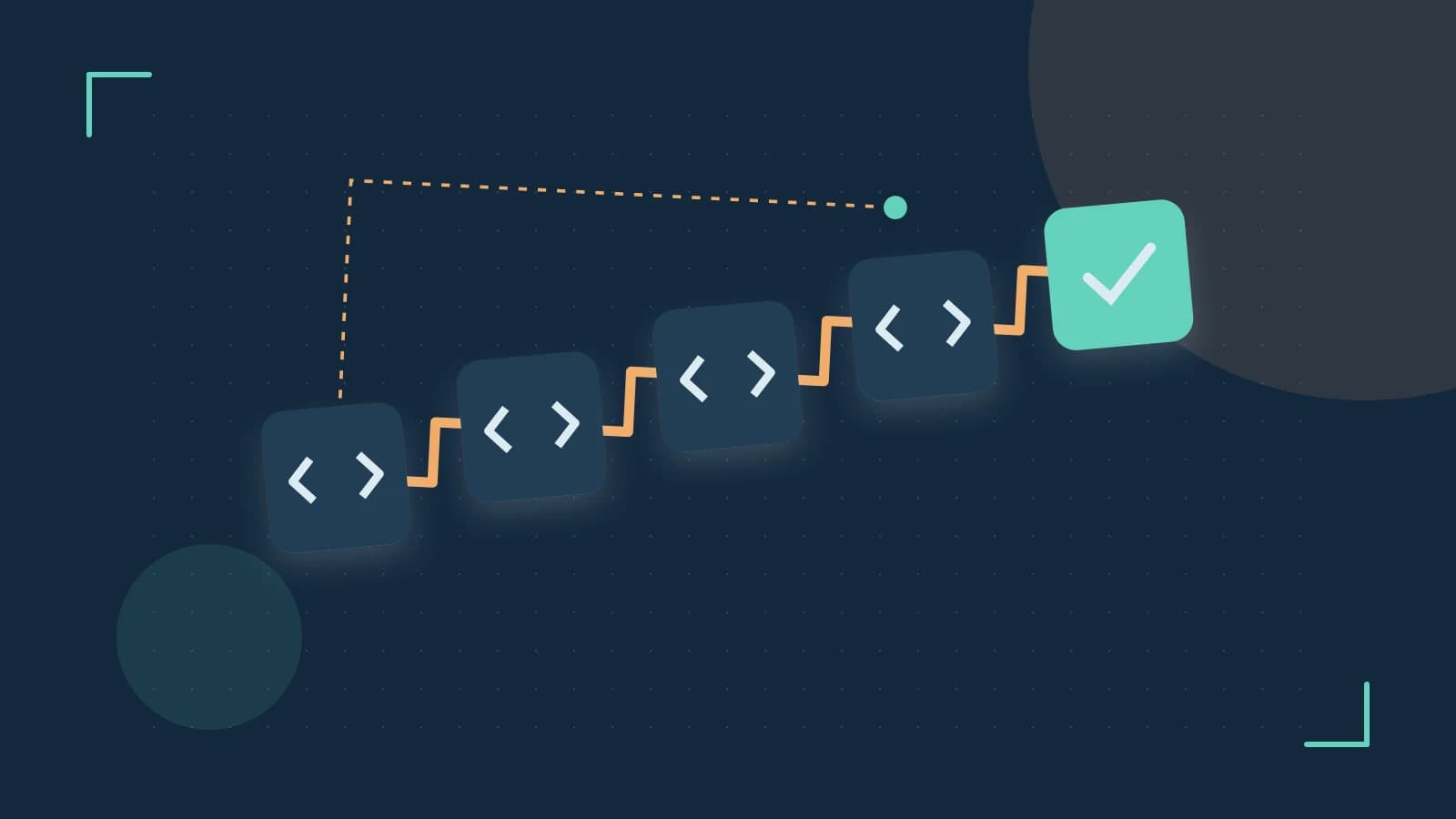 Editorial illustration of a branching build pipeline, staged transformations and a completed check