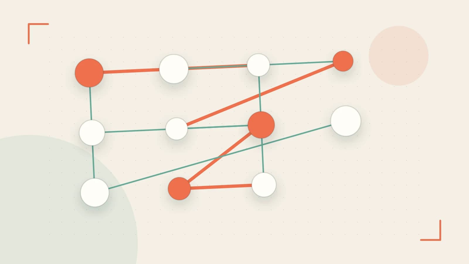 Editorial illustration of an algorithmic node graph with branching paths and a highlighted result