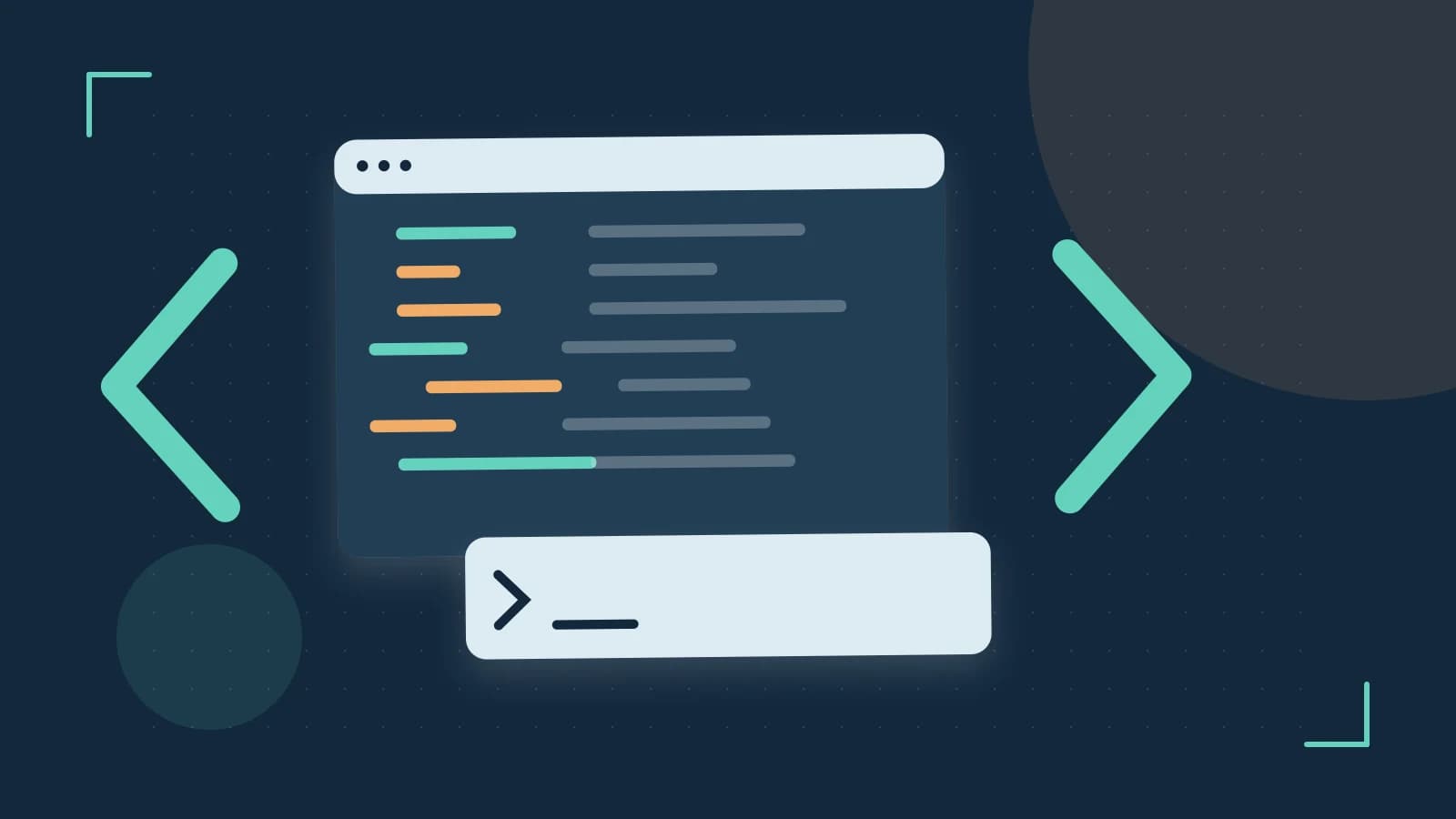 Editorial illustration of an abstract code editor, syntax blocks and oversized programming brackets