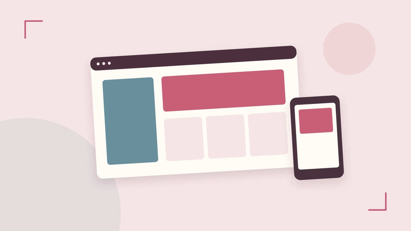 Editorial illustration of responsive browser layouts, overlapping design components and a color system