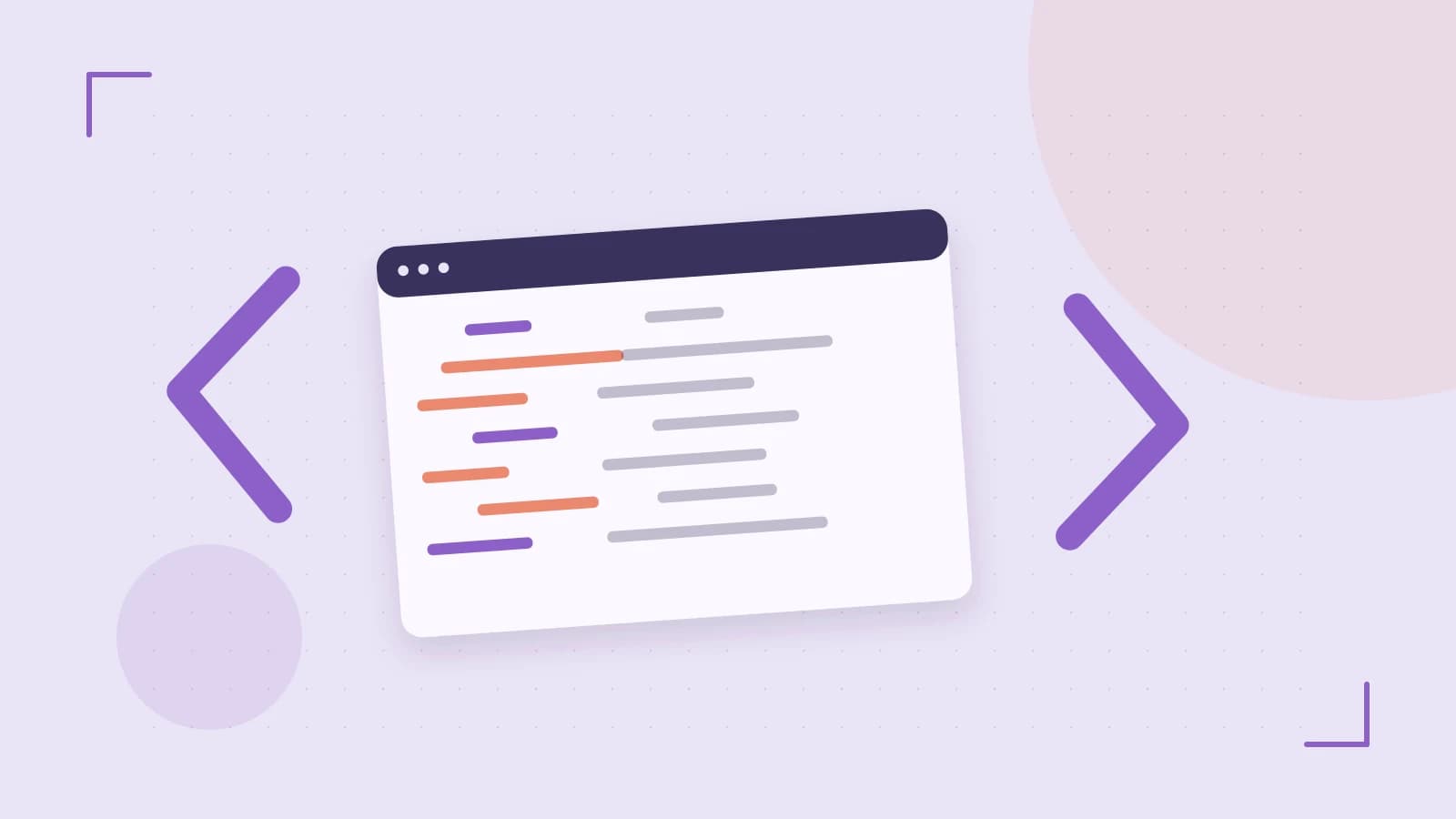 Editorial illustration of an abstract code editor, syntax blocks and oversized programming brackets