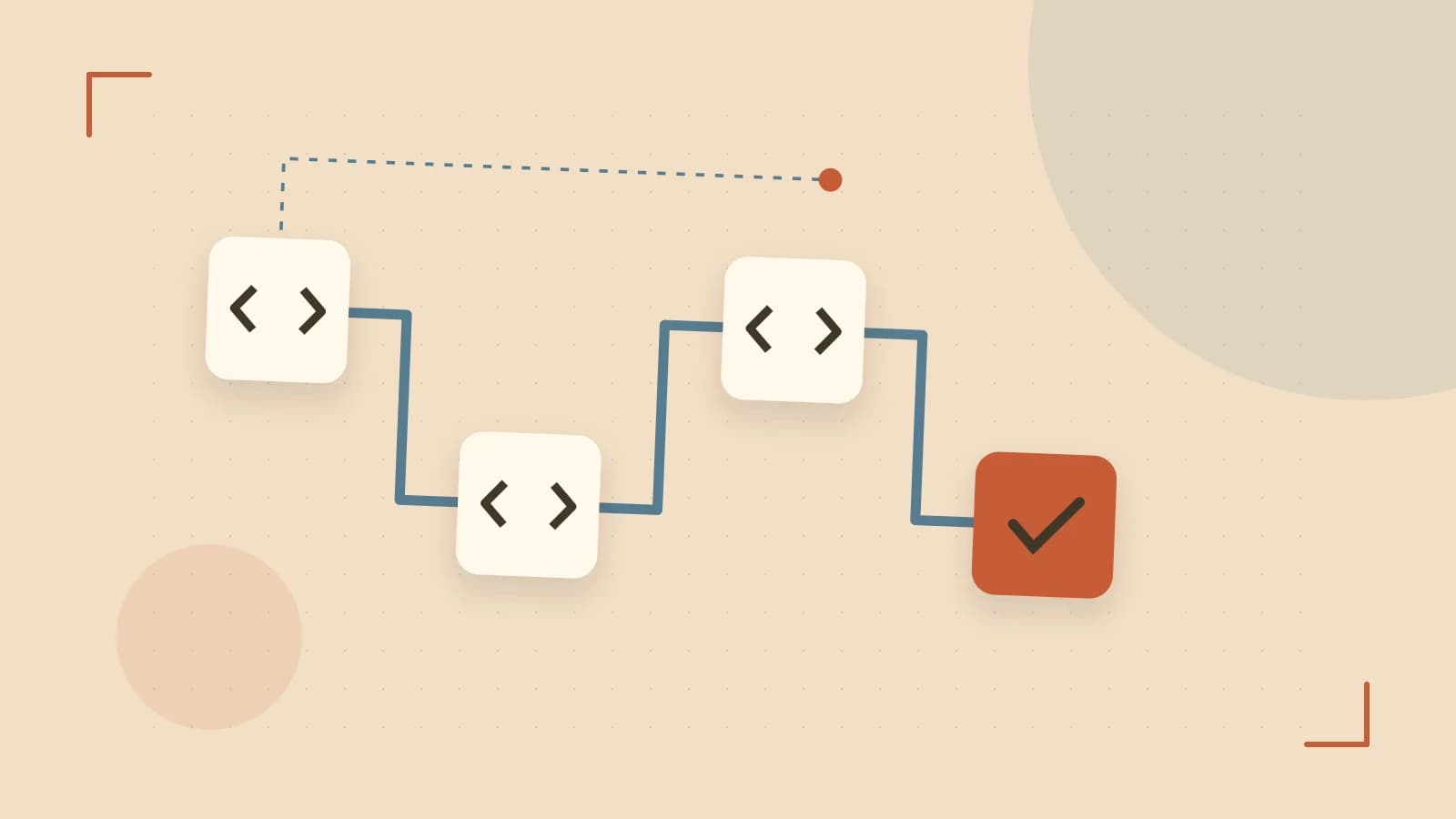 Editorial illustration of a branching build pipeline, staged transformations and a completed check