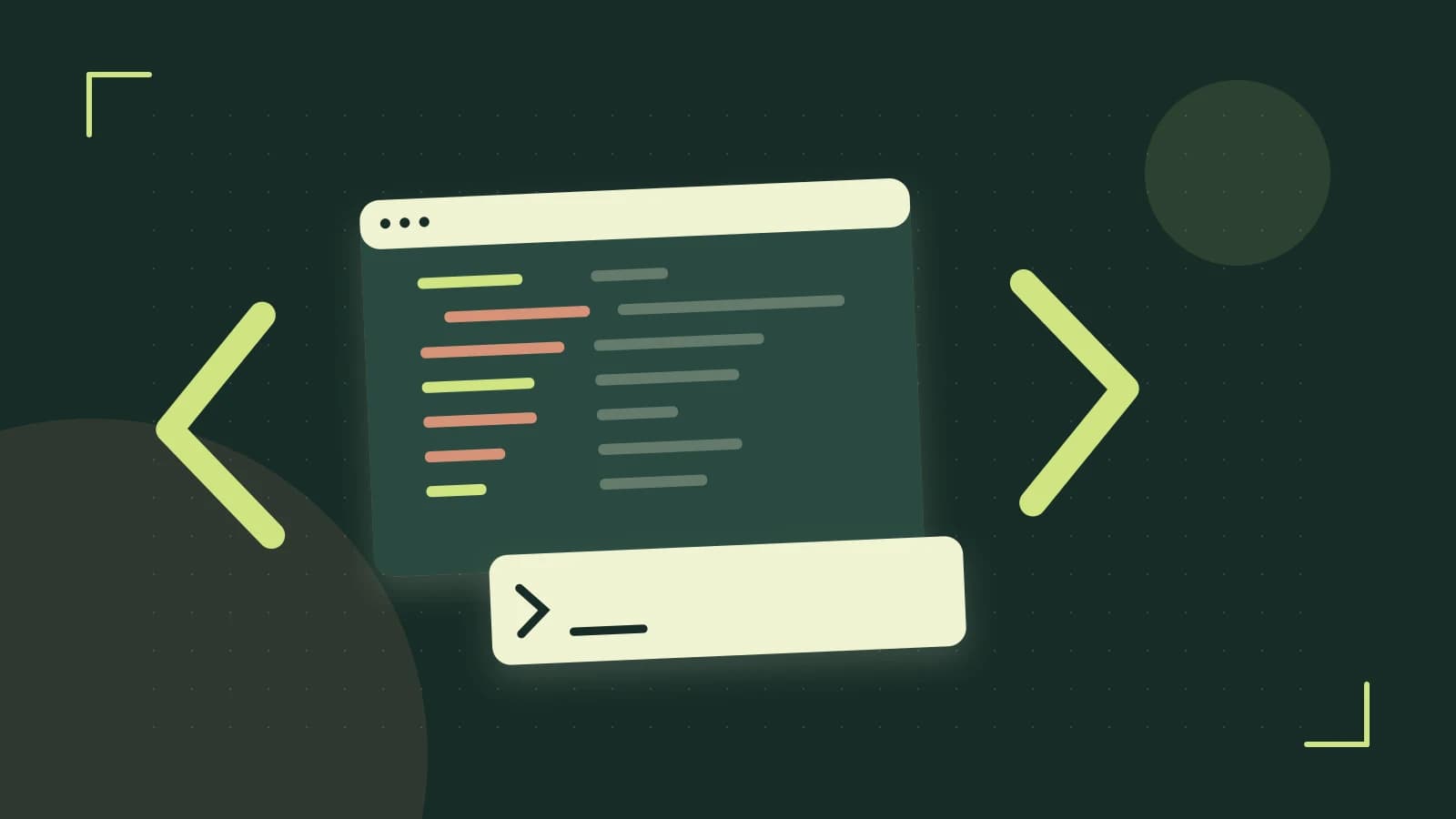 Editorial illustration of an abstract code editor, syntax blocks and oversized programming brackets