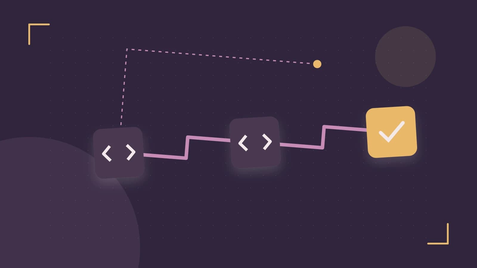 Editorial illustration of a branching build pipeline, staged transformations and a completed check