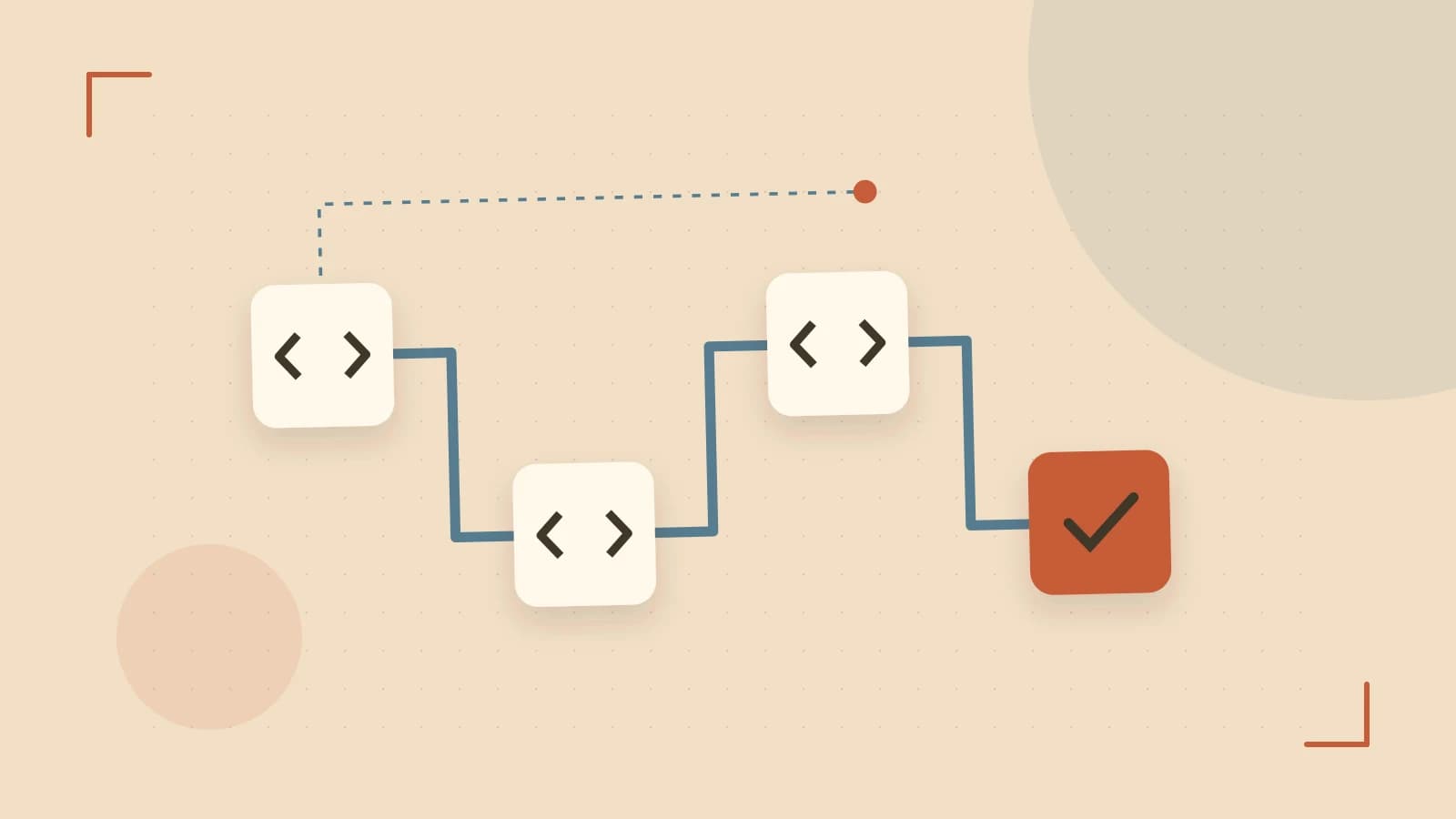 Editorial illustration of a branching build pipeline, staged transformations and a completed check