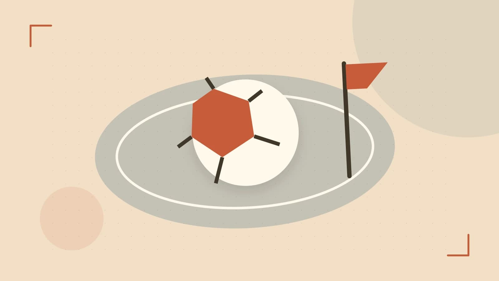 Editorial illustration of a stylized sports ball, stadium geometry and dynamic arcs