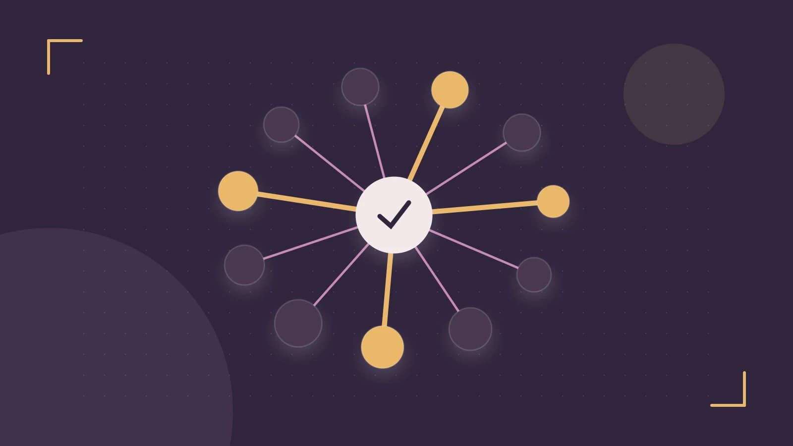 Editorial illustration of an algorithmic node graph with branching paths and a highlighted result