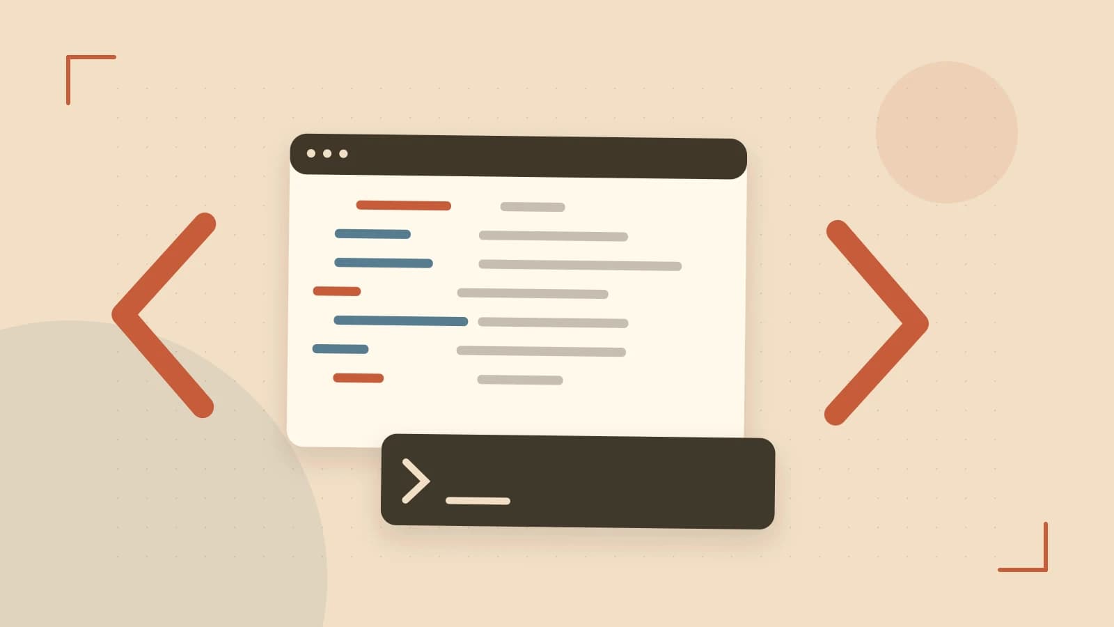 Editorial illustration of an abstract code editor, syntax blocks and oversized programming brackets