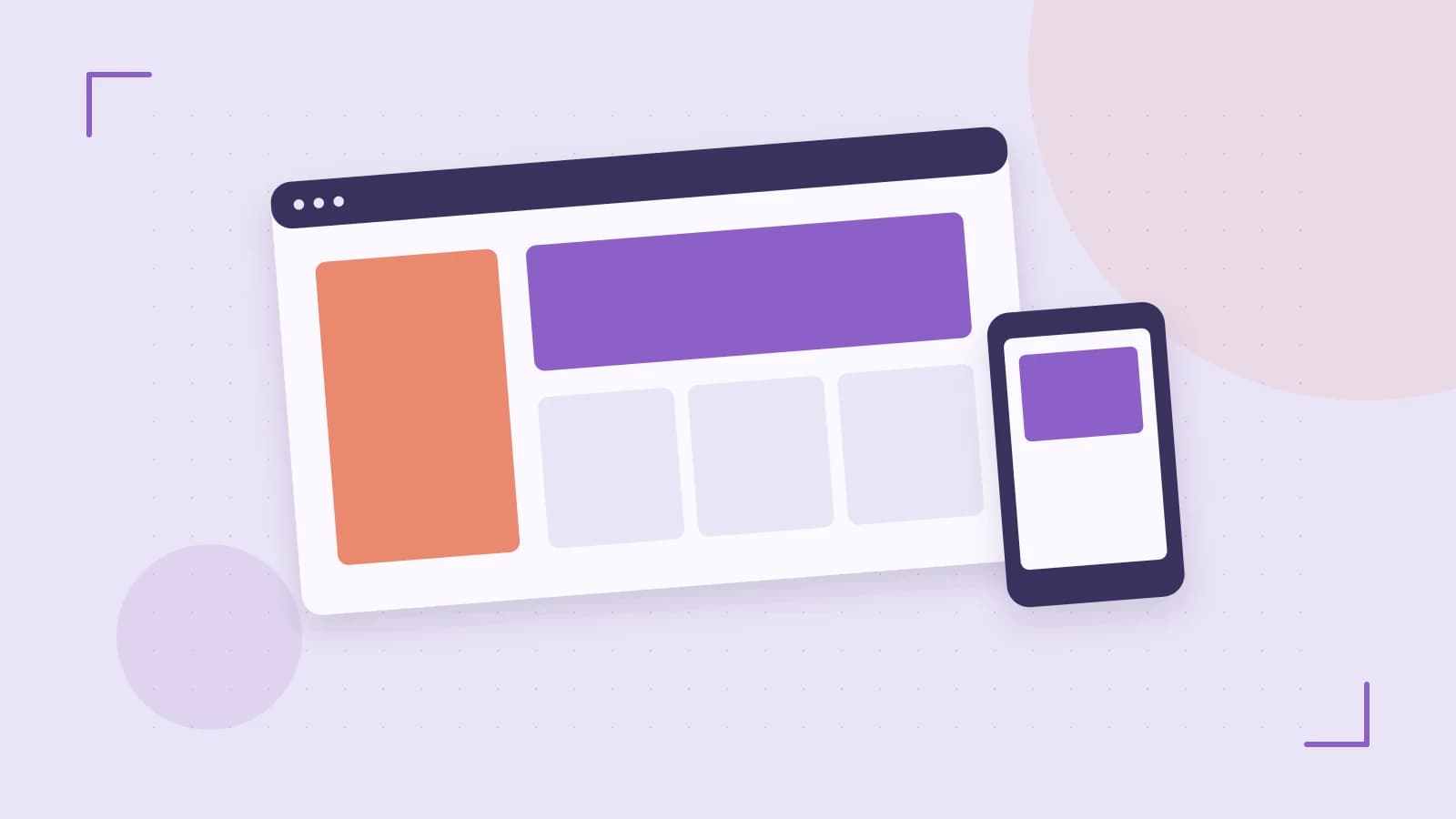 Editorial illustration of responsive browser layouts, overlapping design components and a color system