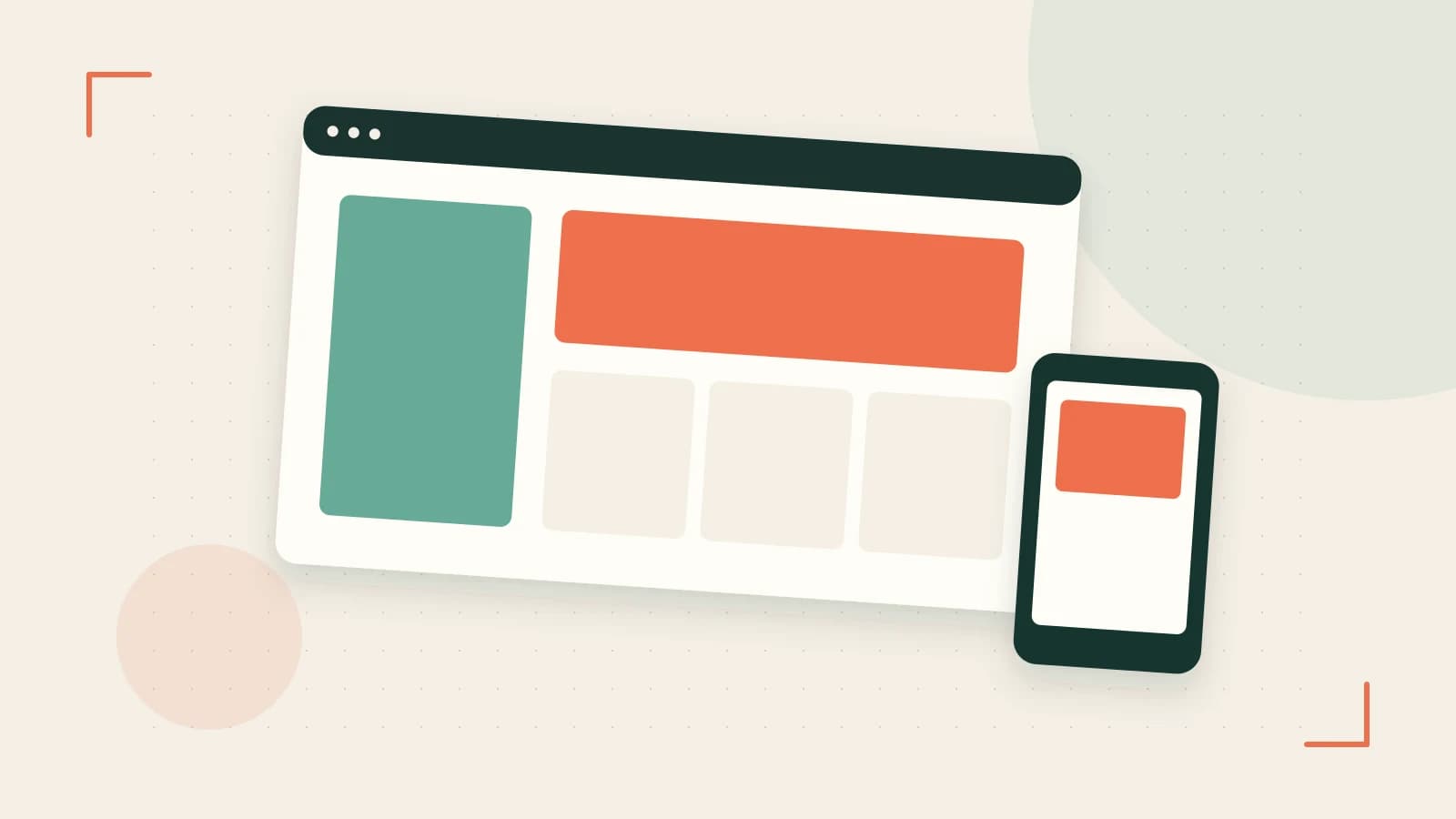Editorial illustration of responsive browser layouts, overlapping design components and a color system