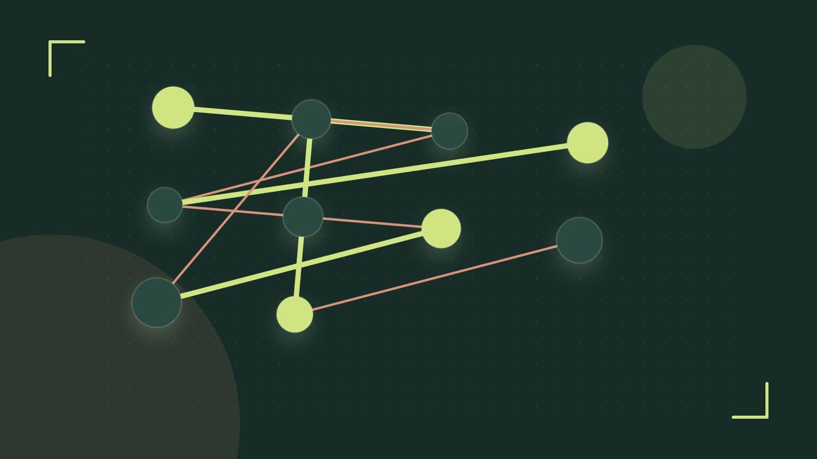Editorial illustration of an algorithmic node graph with branching paths and a highlighted result