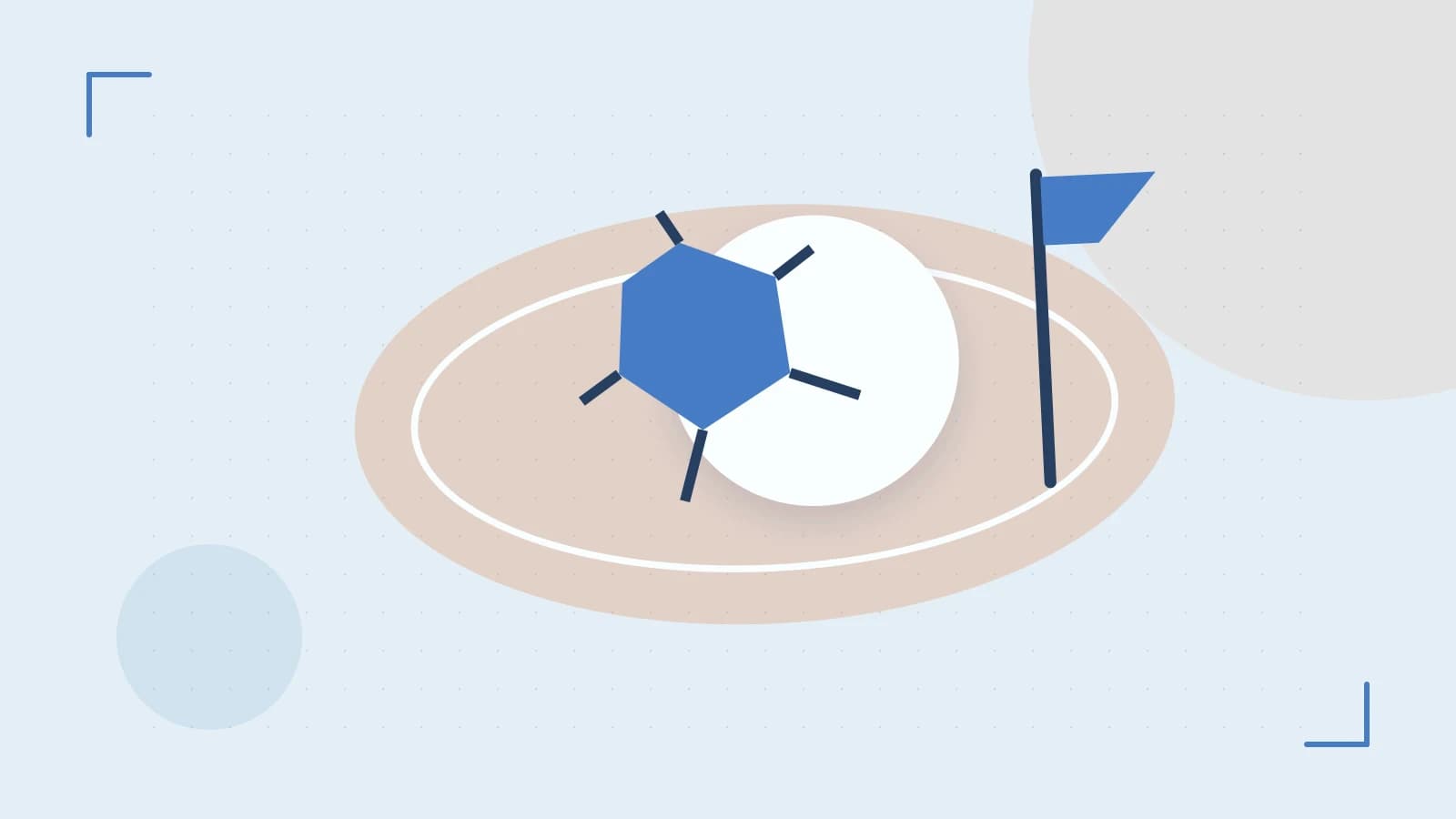 Editorial illustration of a stylized sports ball, stadium geometry and dynamic arcs