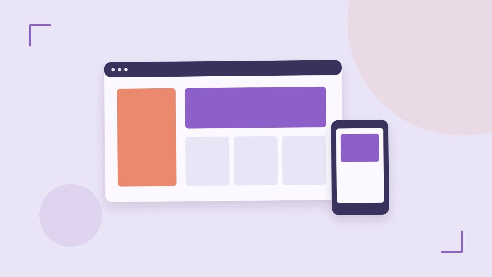Editorial illustration of responsive browser layouts, overlapping design components and a color system