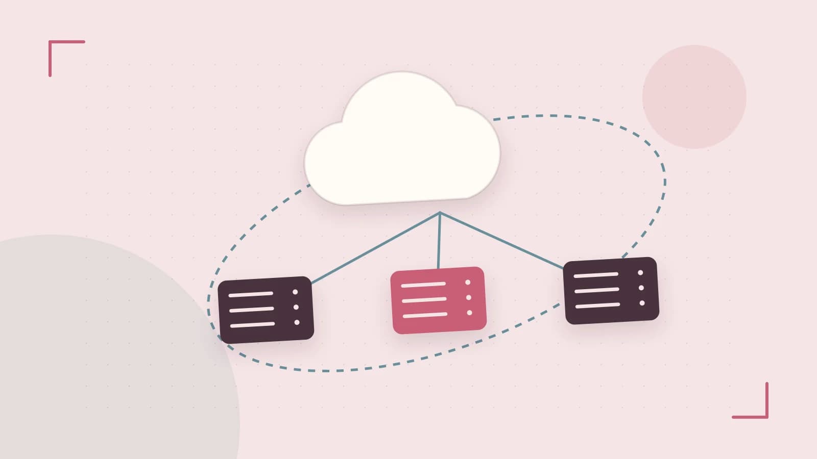 Editorial illustration of cloud infrastructure, connected server racks and an orbital service map
