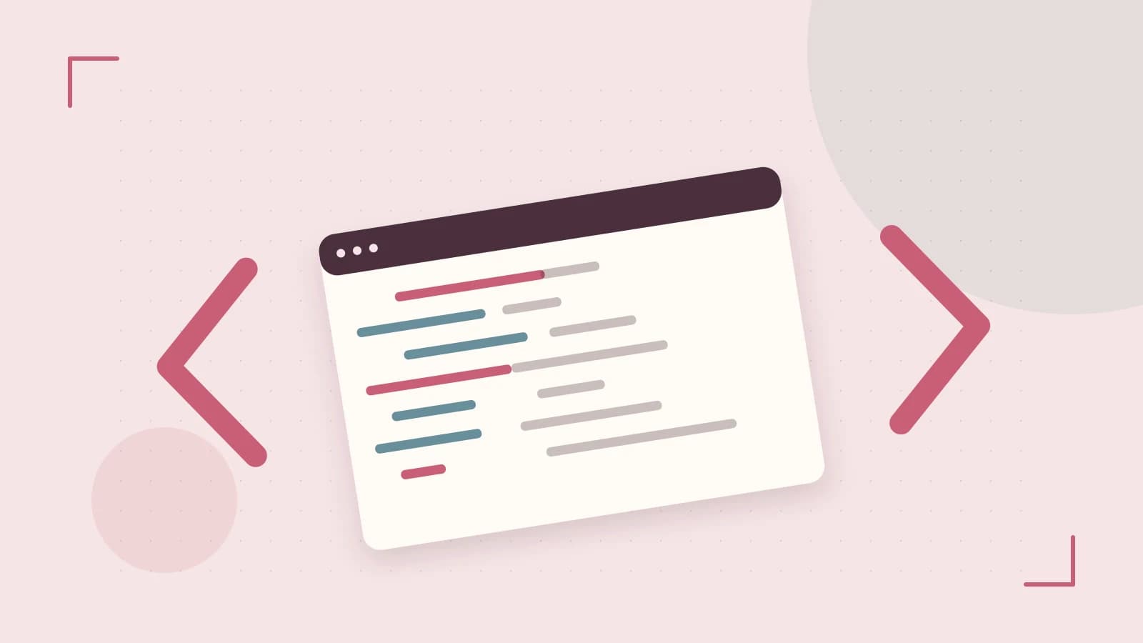 Editorial illustration of an abstract code editor, syntax blocks and oversized programming brackets