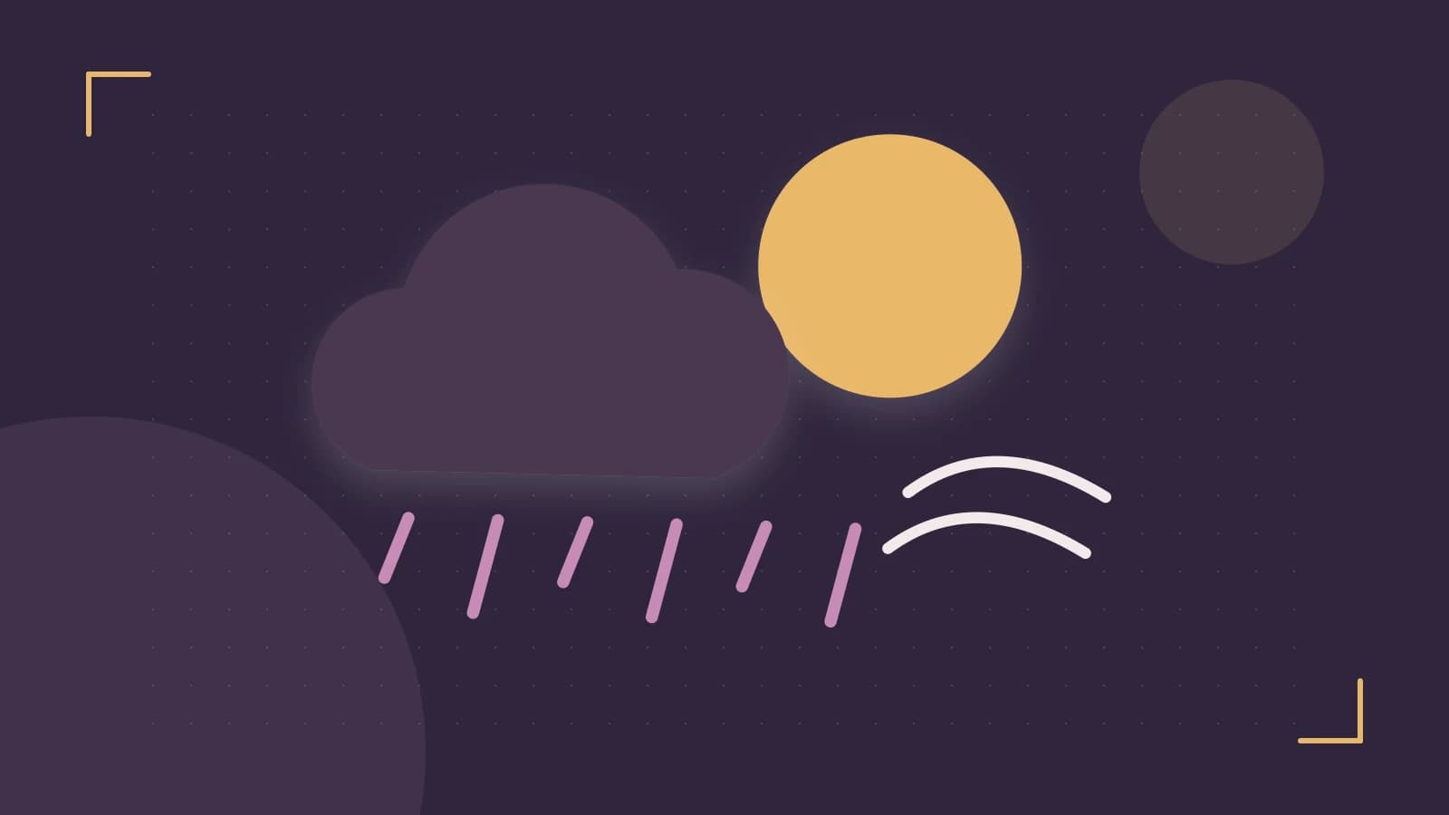 Editorial illustration of a sun, layered clouds, raindrops and flowing weather patterns