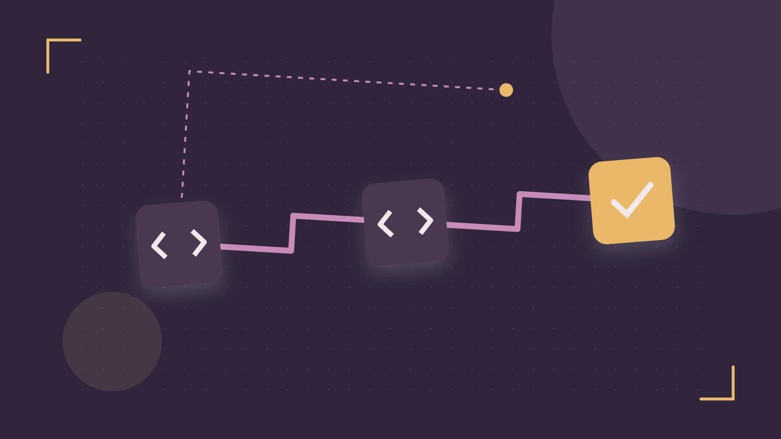 Editorial illustration of a branching build pipeline, staged transformations and a completed check