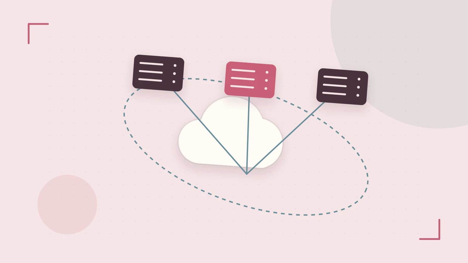 Editorial illustration of cloud infrastructure, connected server racks and an orbital service map